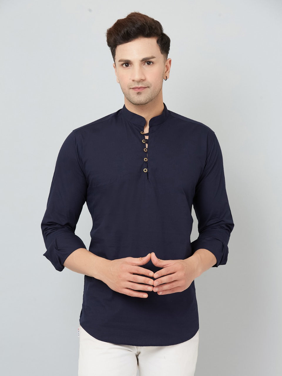 Louis Monarch Men Solid Navy Blue Pure Cotton Straight Short Kurta