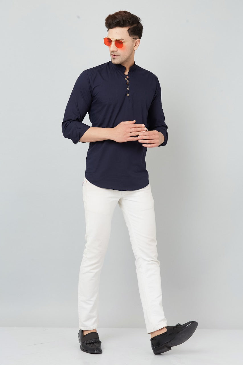 Louis Monarch Men Solid Navy Blue Pure Cotton Straight Short Kurta