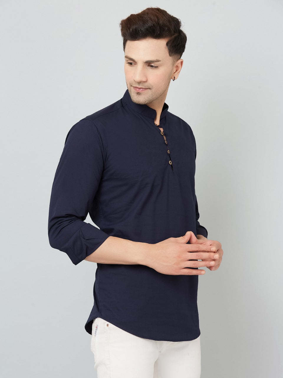 Louis Monarch Men Solid Navy Blue Pure Cotton Straight Short Kurta