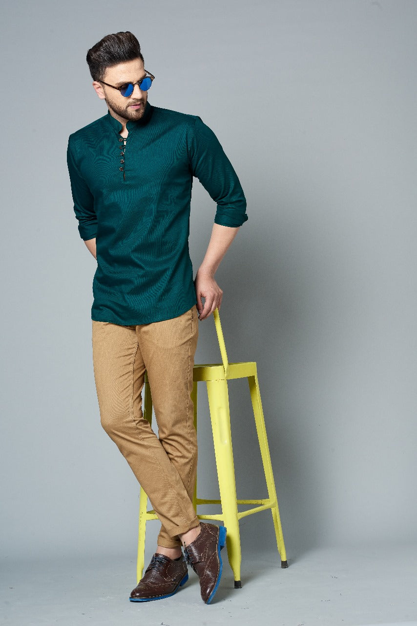 Louis Monarch Men Solid Dark Green Pure Cotton Straight Short Kurta