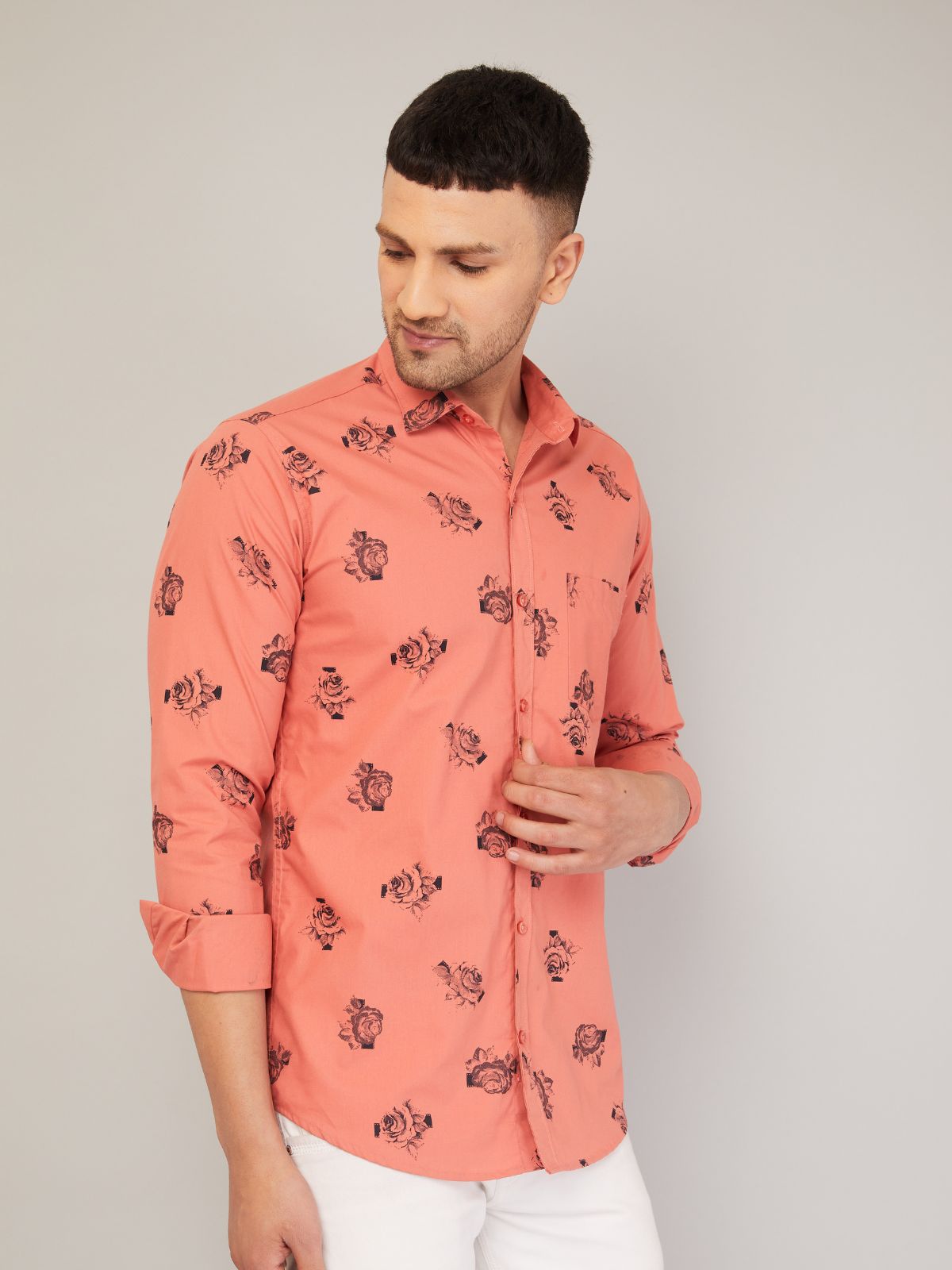 Louis Monarch Men Regular Fit Rose Print Pink Spread Collar Casual Shirt