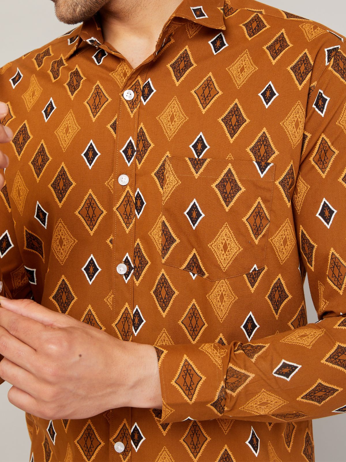 Louis Monarch Men Regular Fit Block Printed Brown Spread Collar Casual Shirt