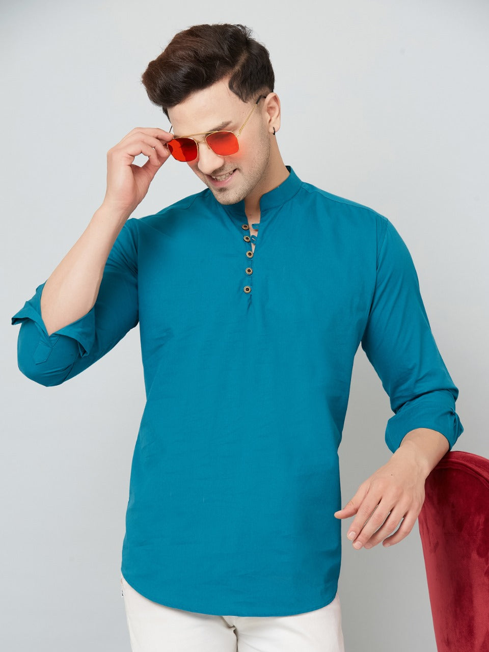 Louis Monarch Men Solid Airforce Pure Cotton Straight Short Kurta