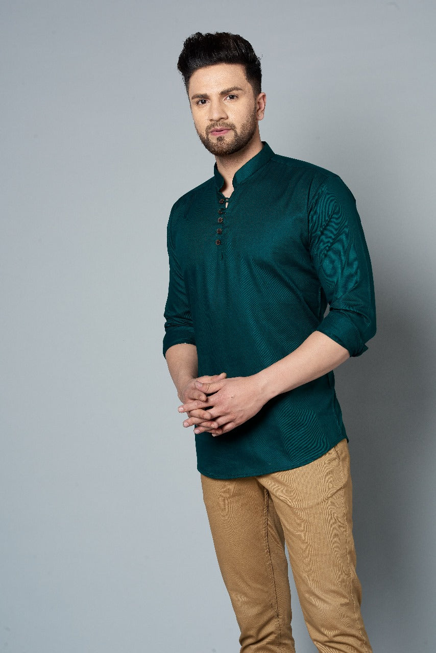 Louis Monarch Men Solid Dark Green Pure Cotton Straight Short Kurta