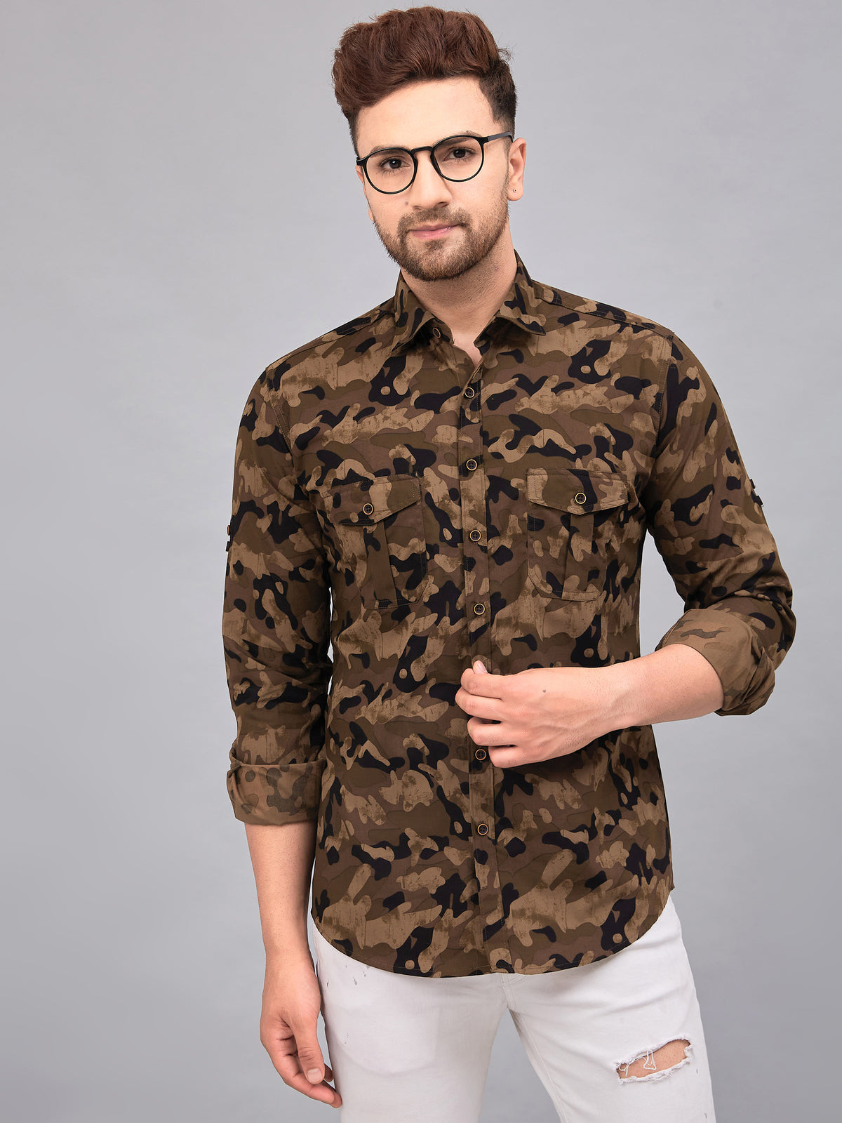 Louis Monarch Men Regular Fit Camouflage Brown Printed Spread Collar Casual Shirt
