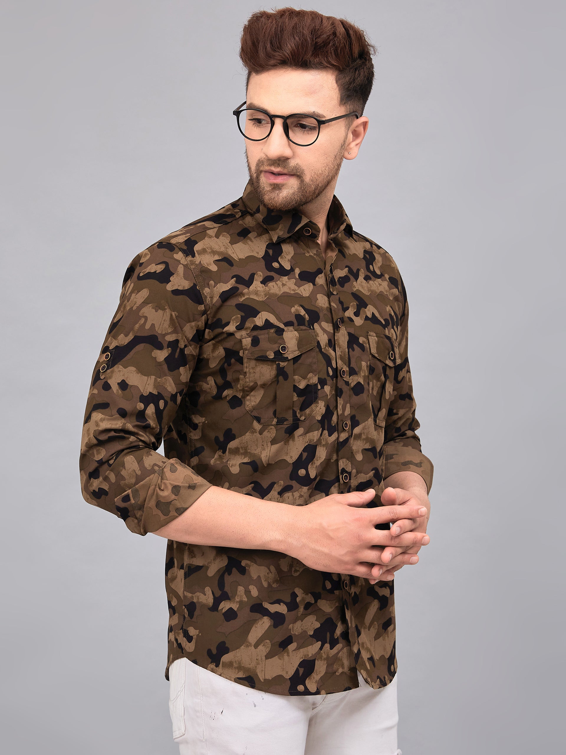 Louis Monarch Men Regular Fit Camouflage Brown Printed Spread Collar Casual Shirt