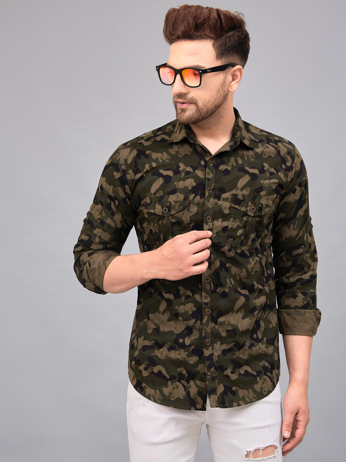 Louis Monarch Men Regular Fit Camouflage Green Printed Spread Collar Casual Shirt