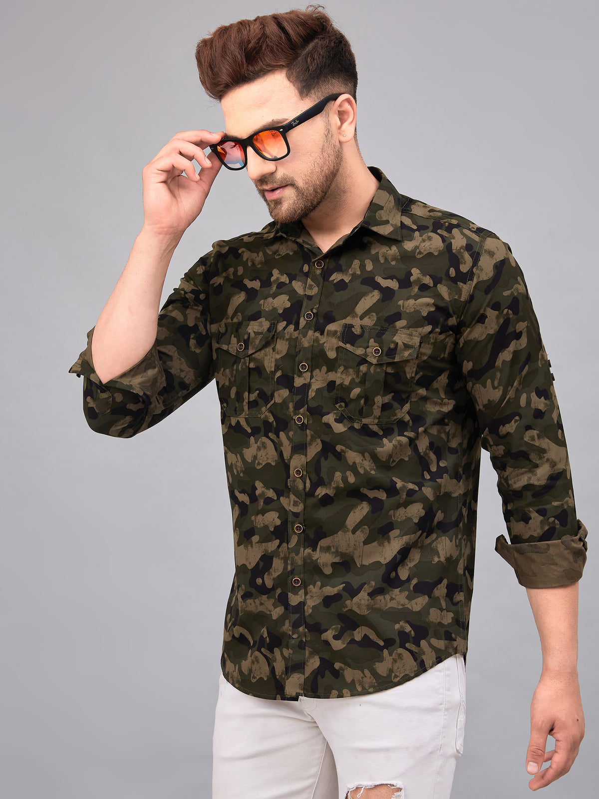 Louis Monarch Men Regular Fit Camouflage Green Printed Spread Collar Casual Shirt