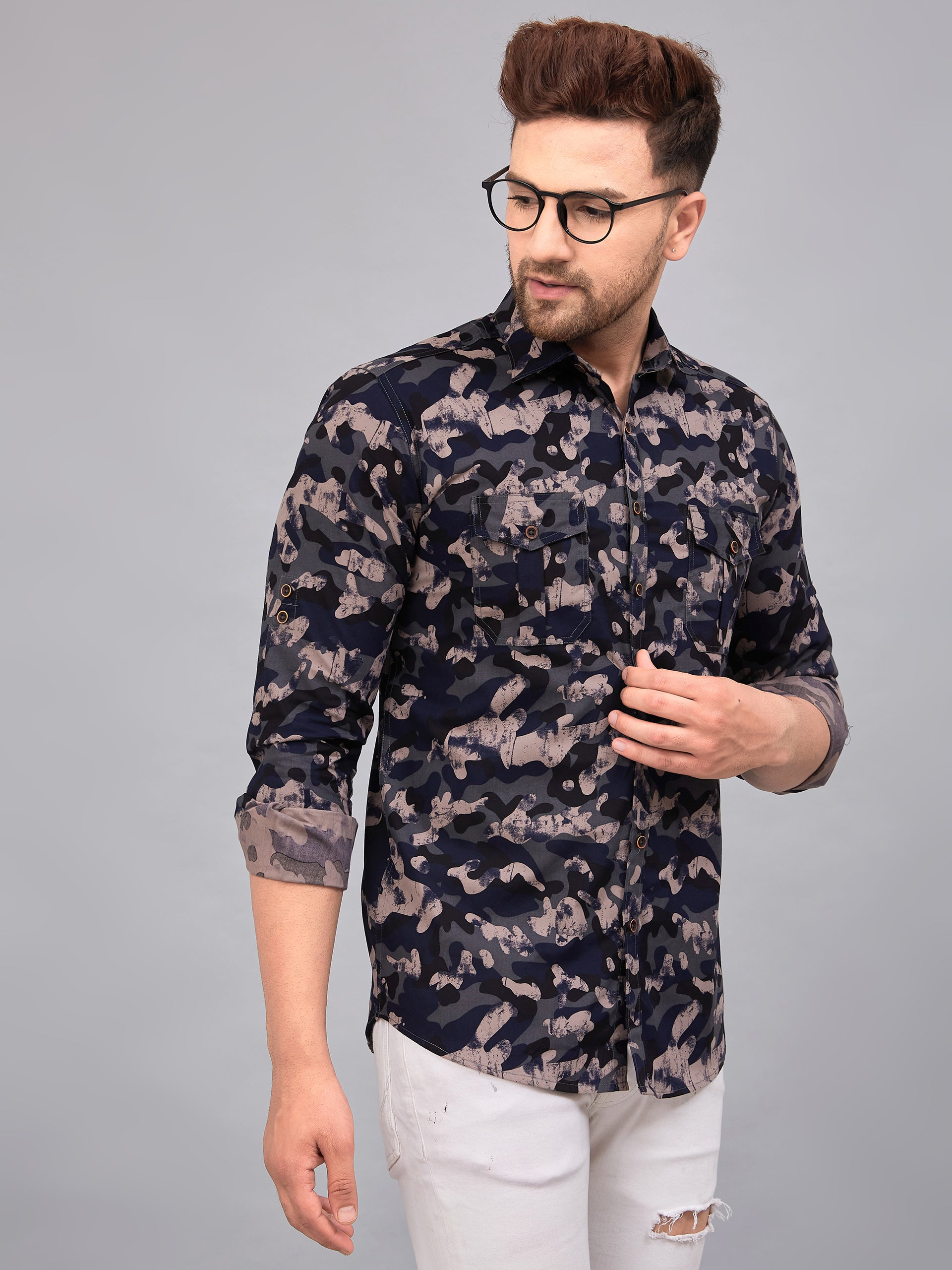 Louis Monarch Men Regular Fit Camouflage Grey Printed Spread Collar Casual Shirt