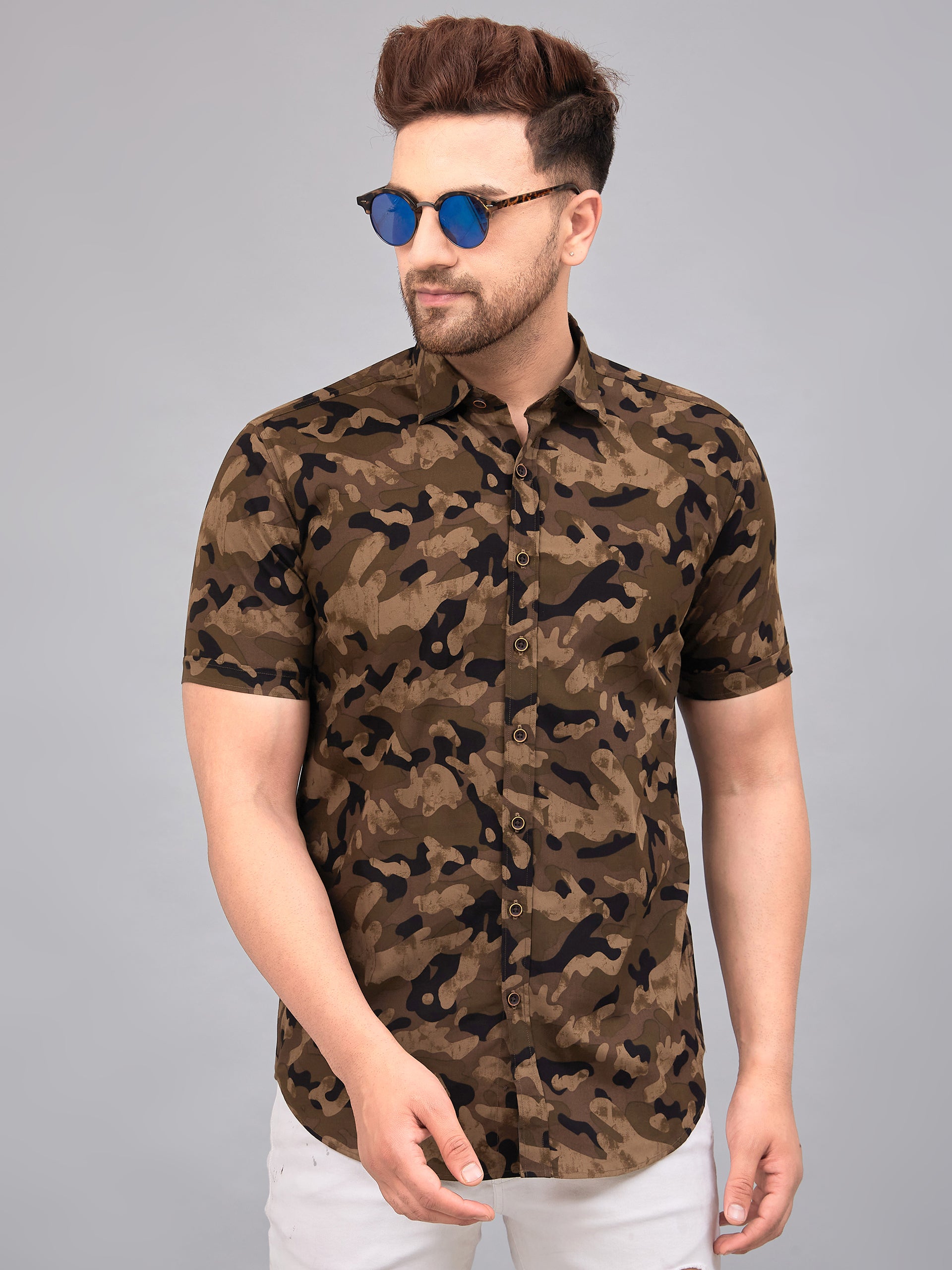 Louis Monarch Men Regular Fit Brown Printed Spread Collar Casual Half Shirt