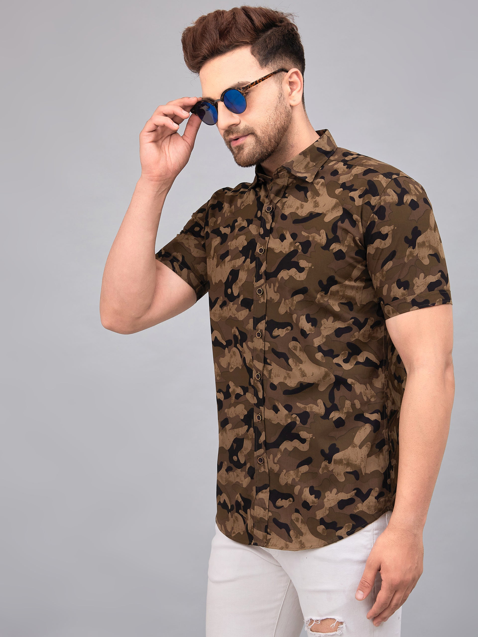 Louis Monarch Men Regular Fit Brown Printed Spread Collar Casual Half Shirt