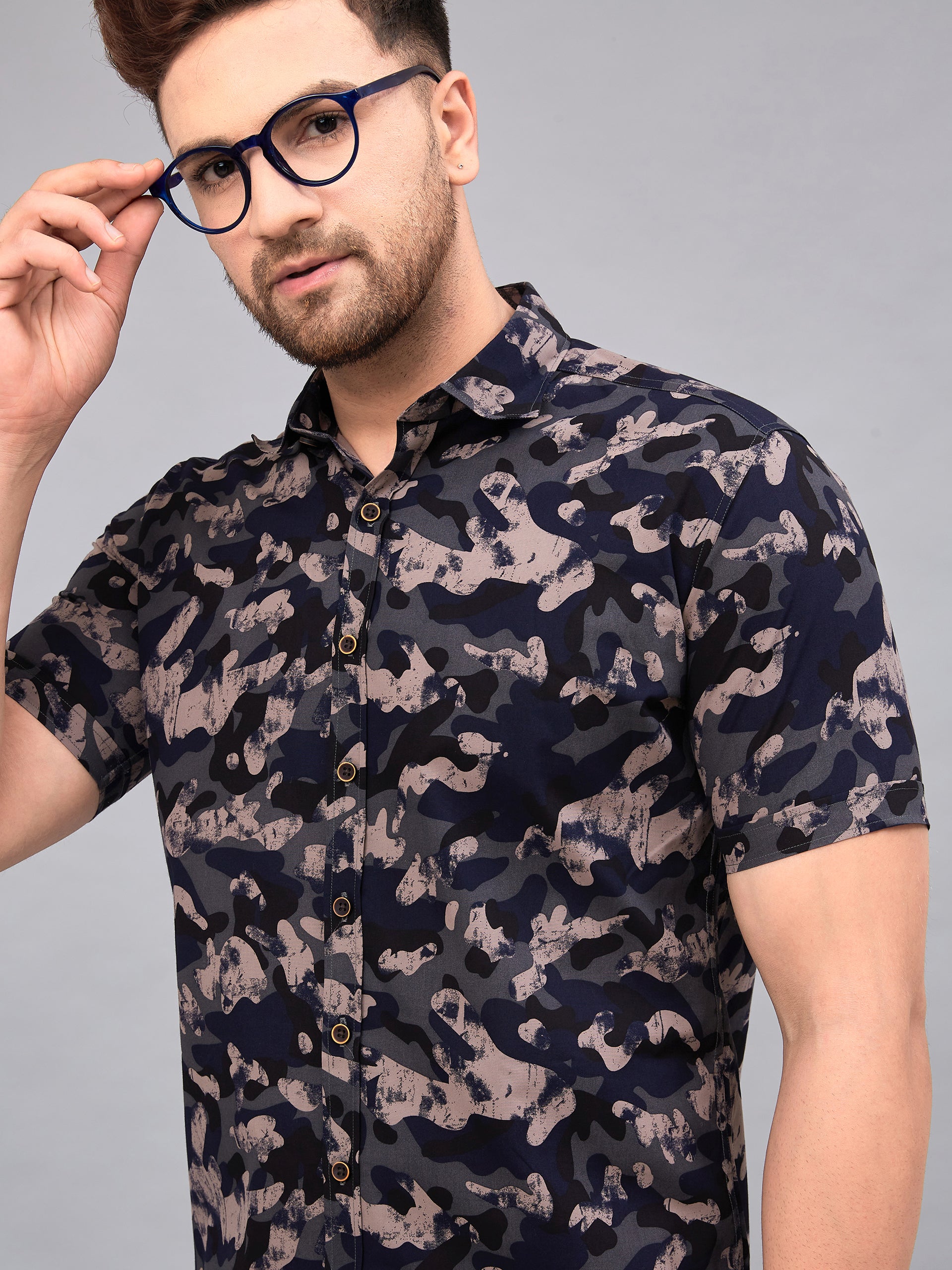 Louis Monarch Men Regular Fit Grey Printed Spread Collar Casual Half Shirt