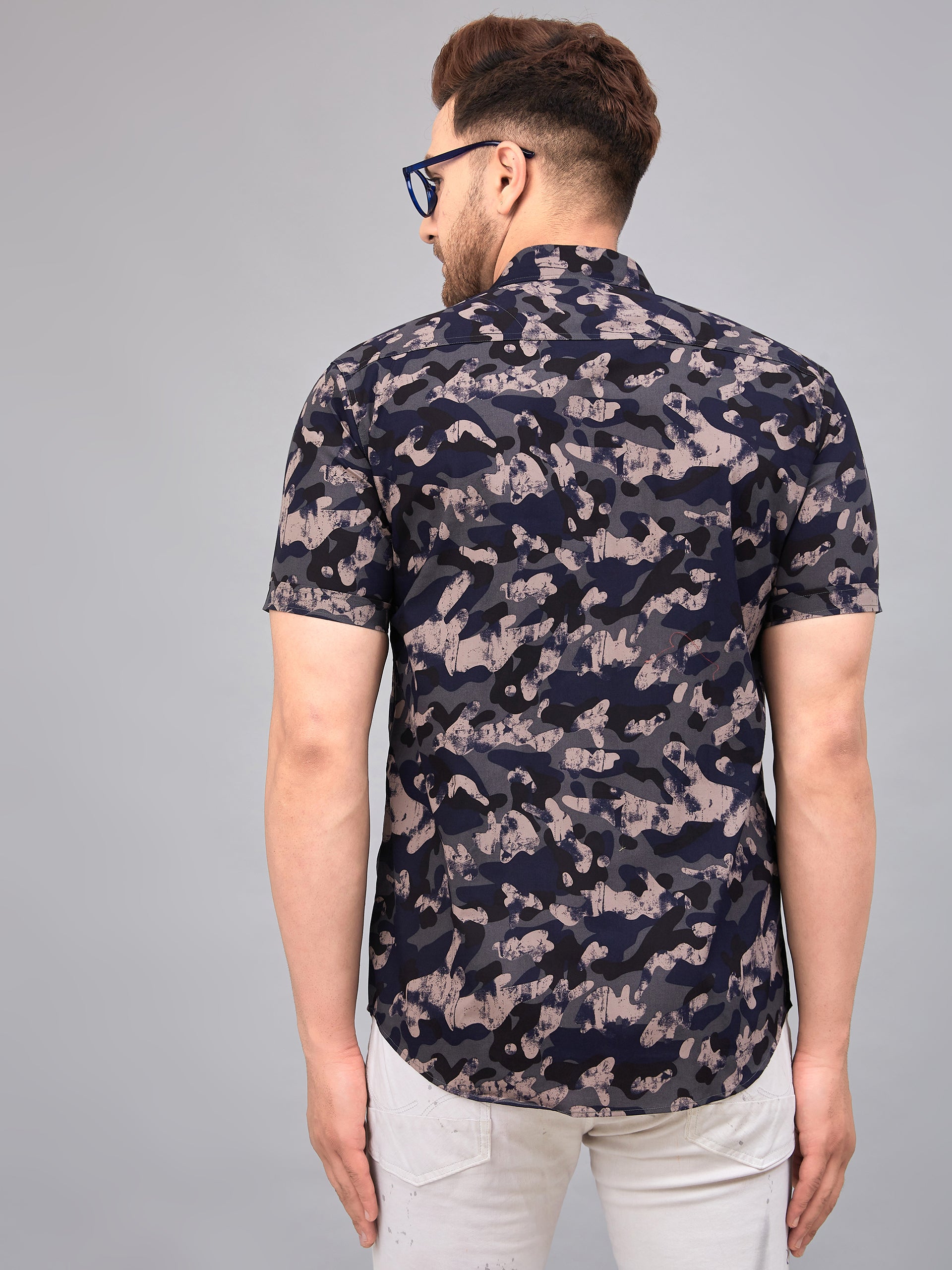 Louis Monarch Men Regular Fit Grey Printed Spread Collar Casual Half Shirt