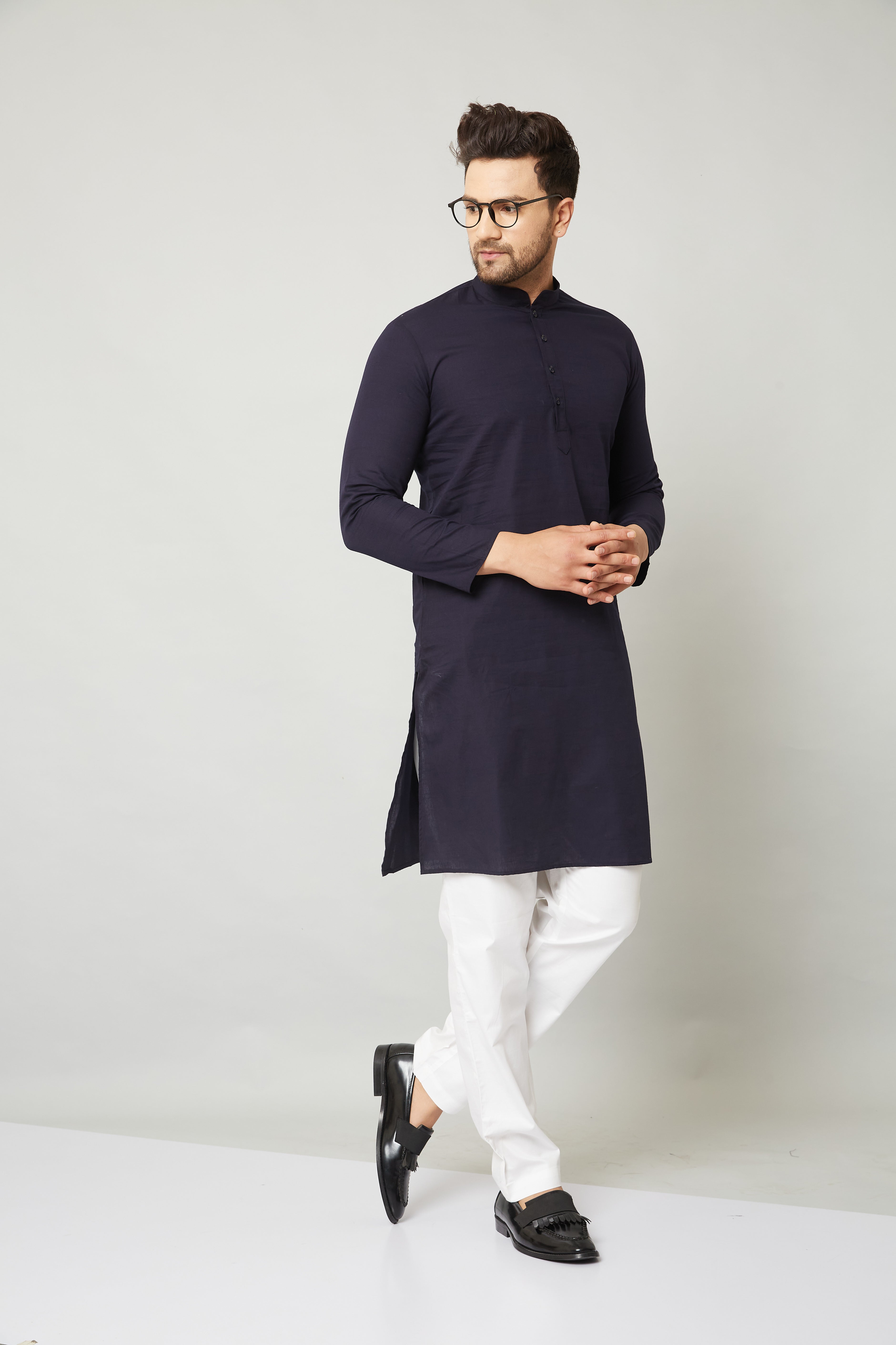 Louis Monarch Men Navy Blue Linen Pure Cotton Straight Kurta