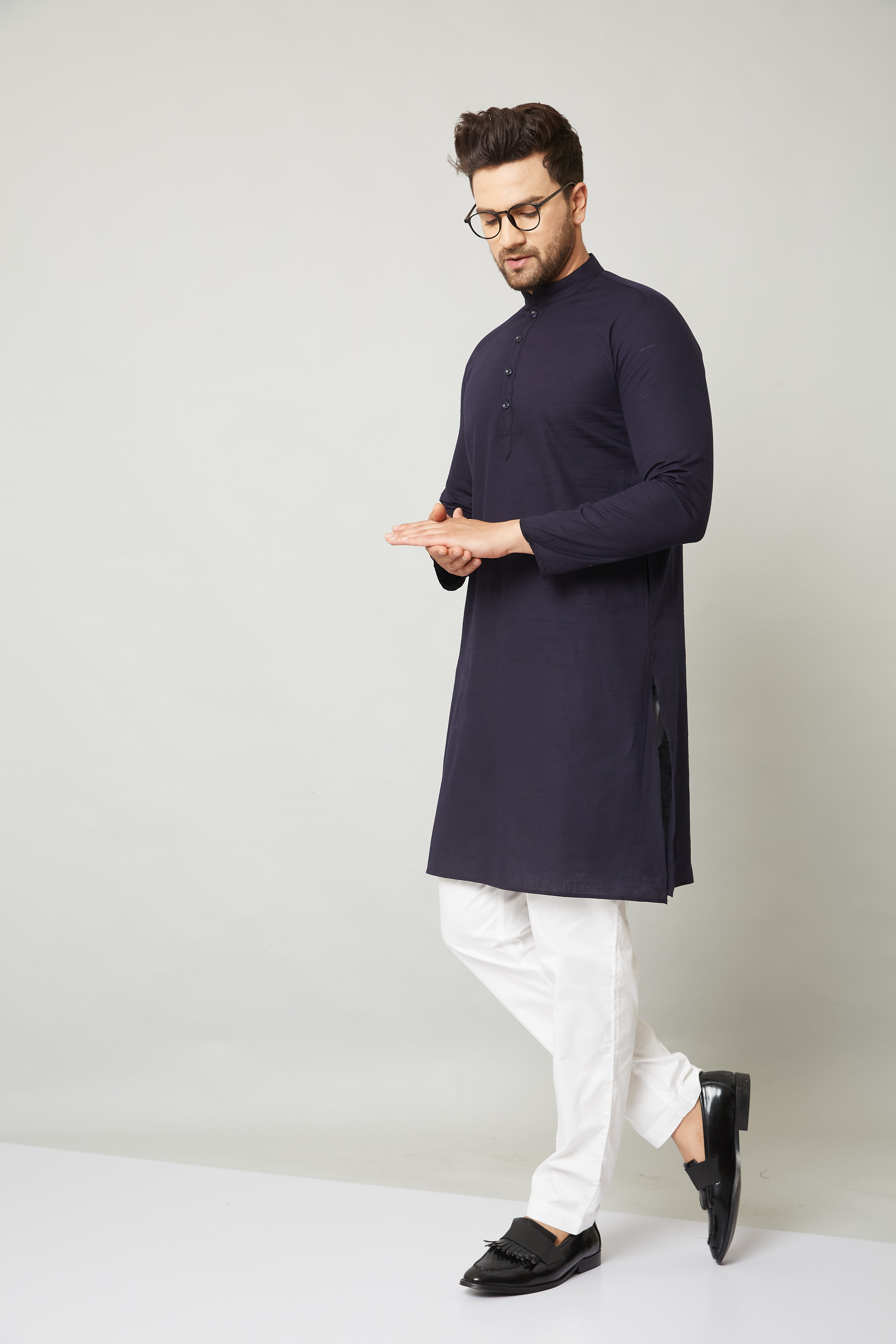 Louis Monarch Men Navy Blue Linen Pure Cotton Straight Kurta