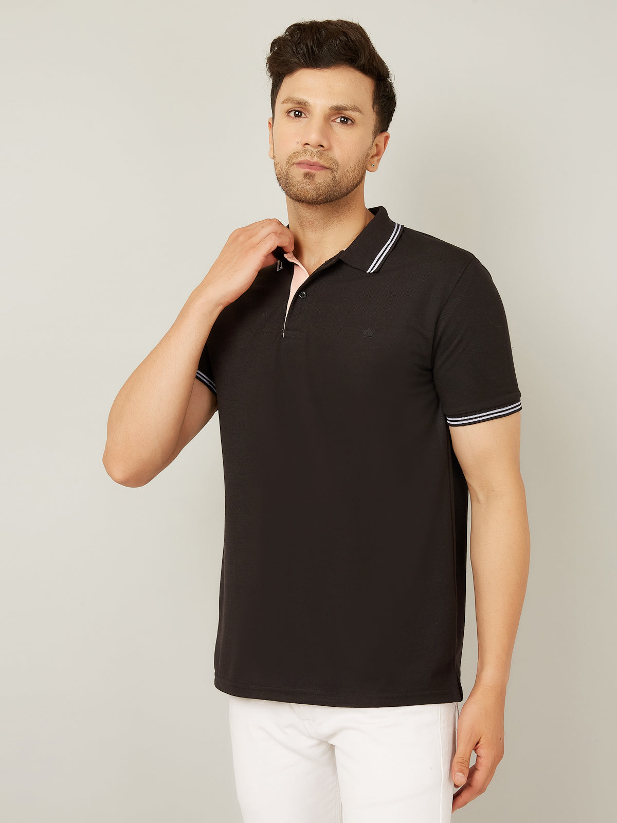 Louis Monarch Men Polo Neck Cotton Blend Black T-Shirt