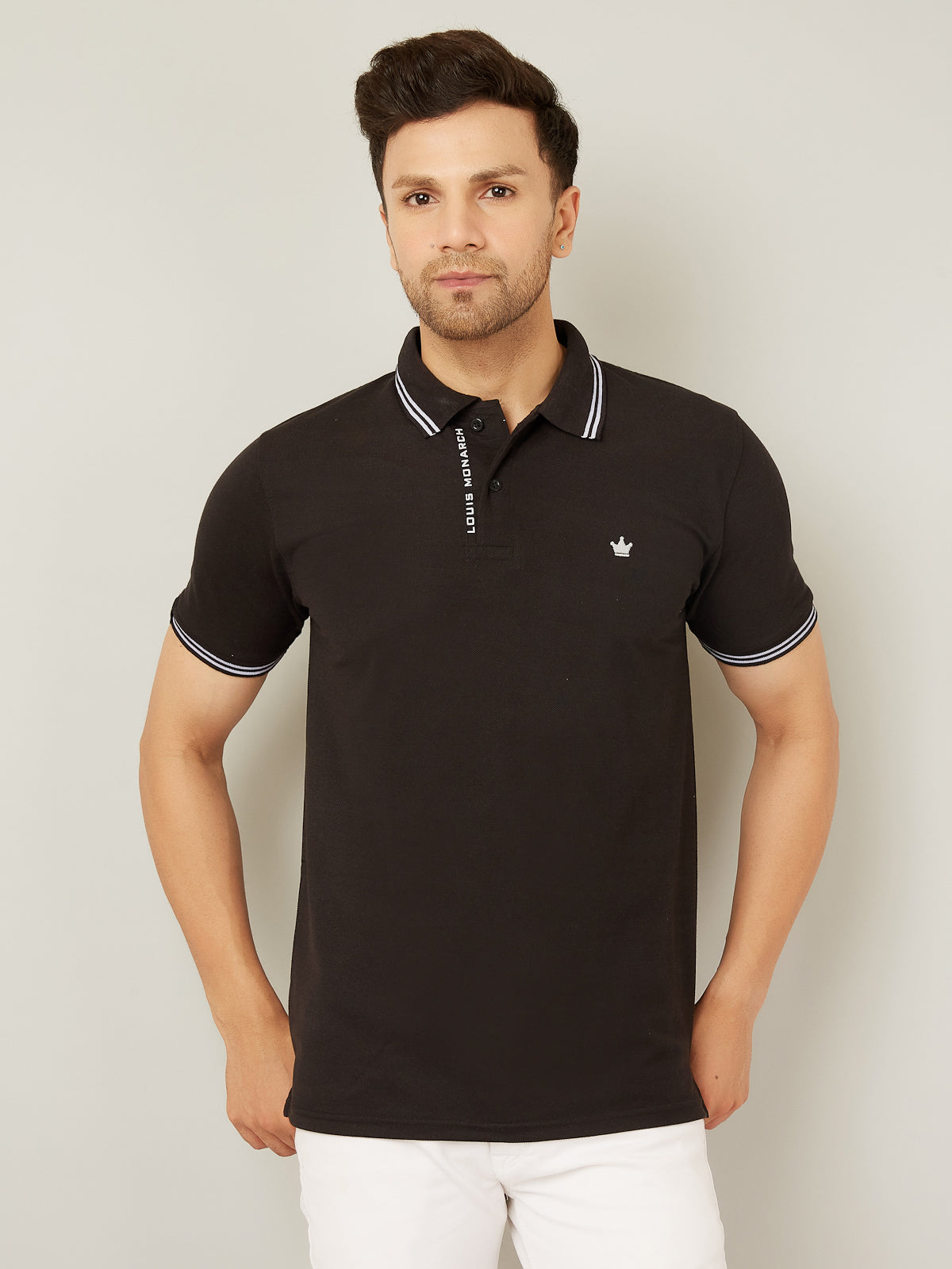 Louis Monarch Men Solid Polo Neck Black Cotton Blend T-Shirt