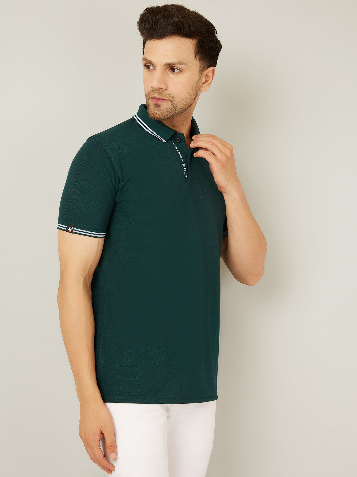Louis Monarch Men Solid Polo Neck Dark Green Cotton Blend T-Shirt