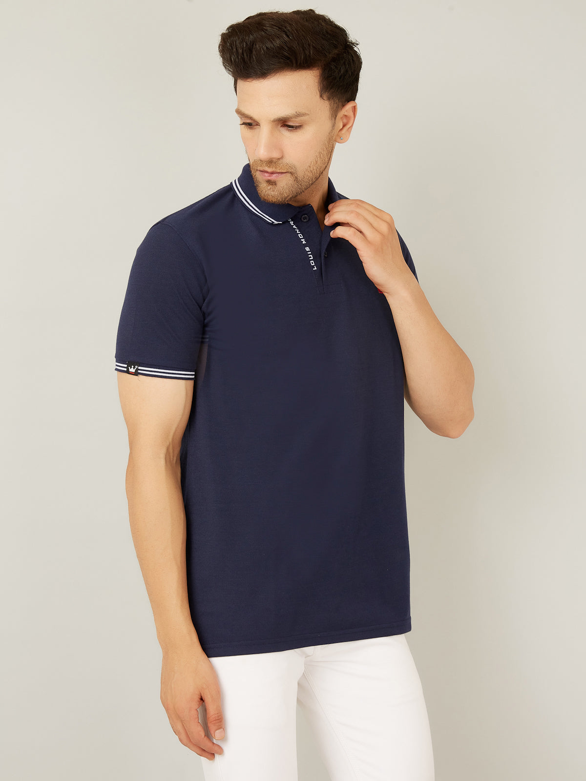 Louis Monarch Men Solid Polo Neck Navy Blue Cotton Blend T-Shirt