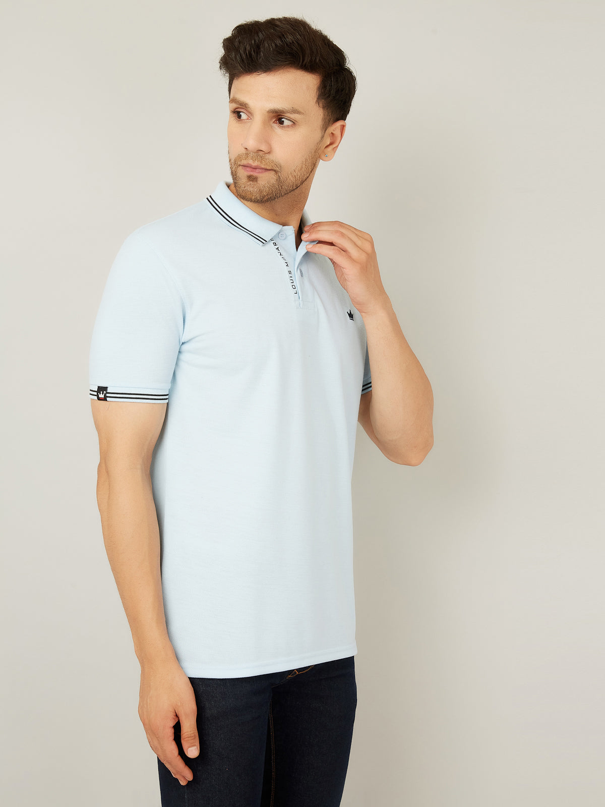 Louis Monarch Men Solid Polo Sky Blue Cotton Blend T-Shirt