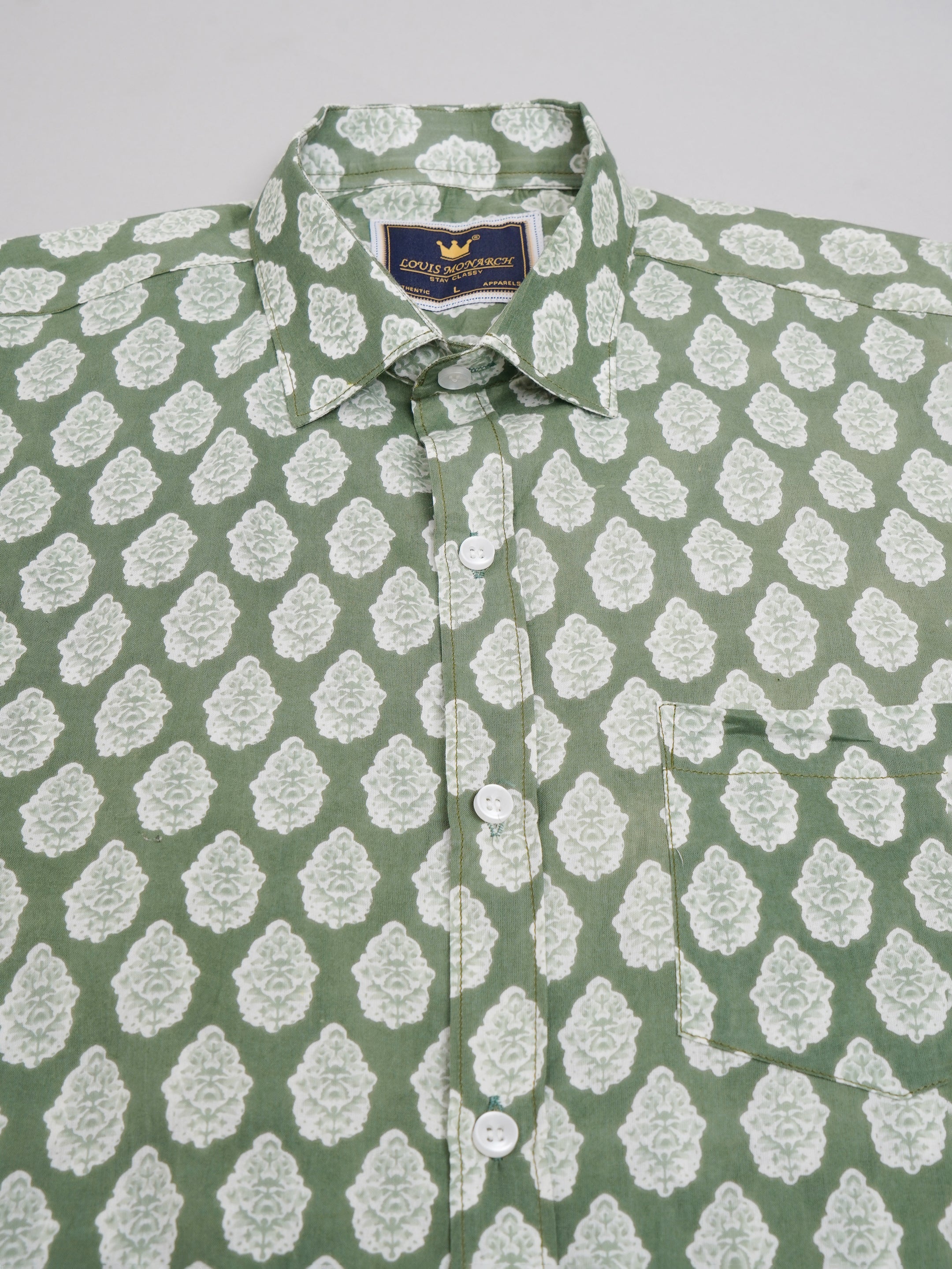 Louis Monarch Premium Light Green Jaipuri Printed Cotton Half Sleeve Casual Shirt