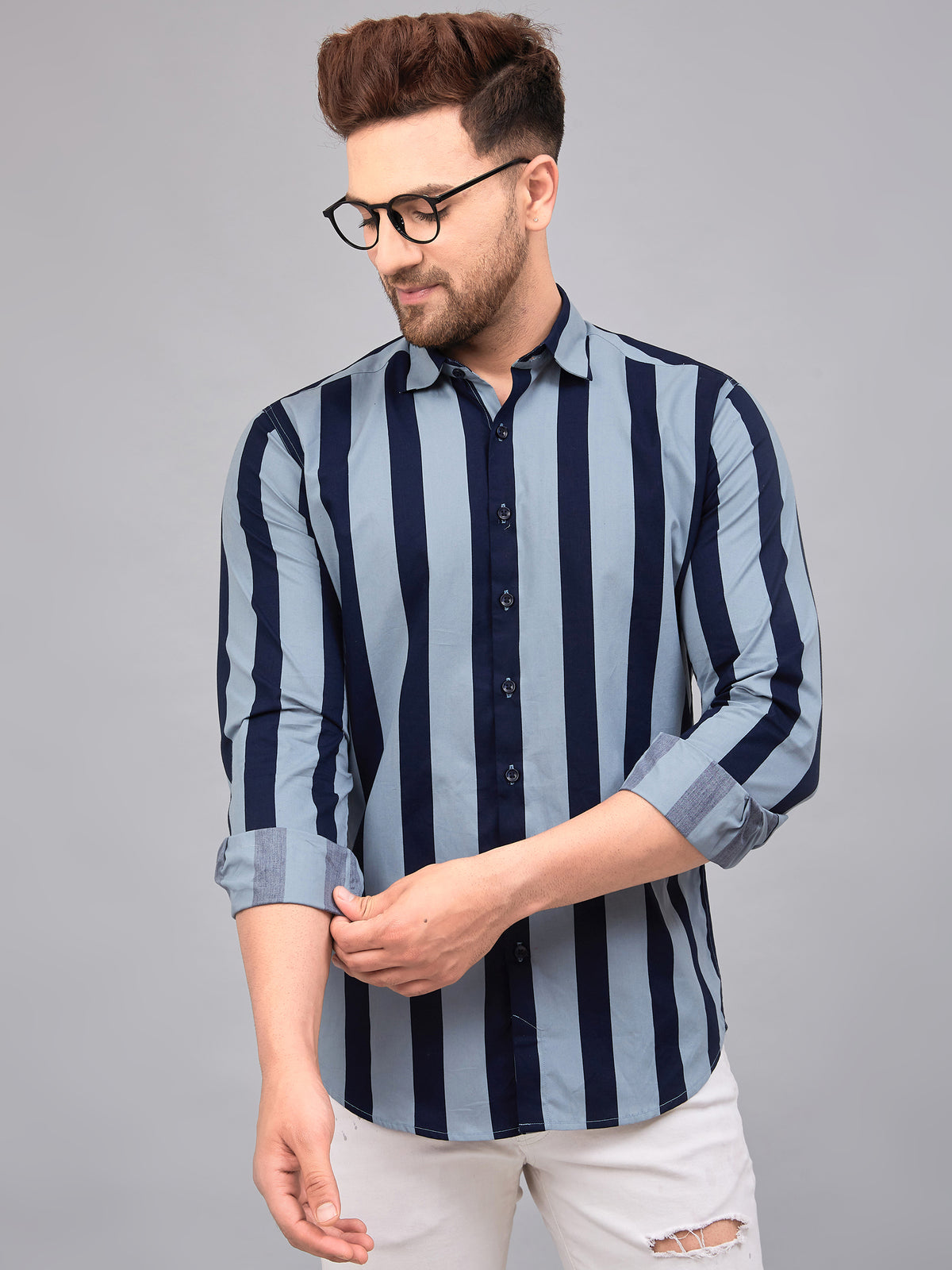 Louis Monarch Men Regular Fit Blue Striped Spread Collar Casual Shirt