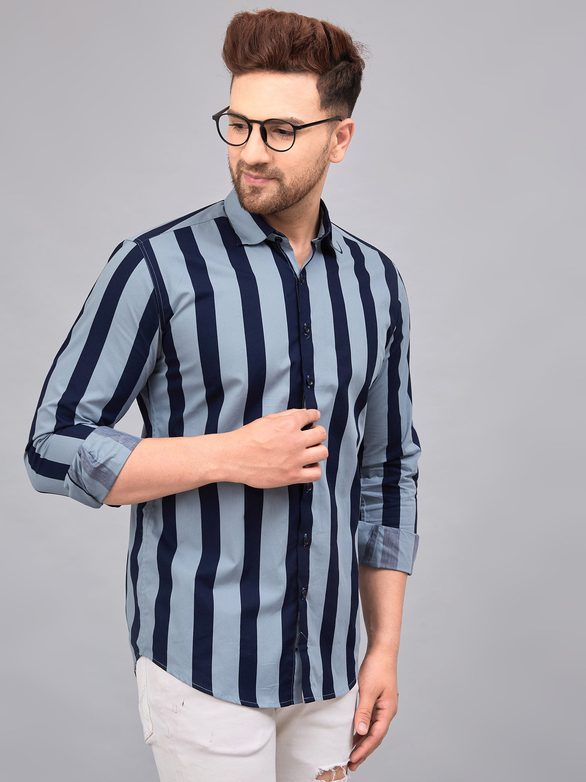 Louis Monarch Men Regular Fit Blue Striped Spread Collar Casual Shirt