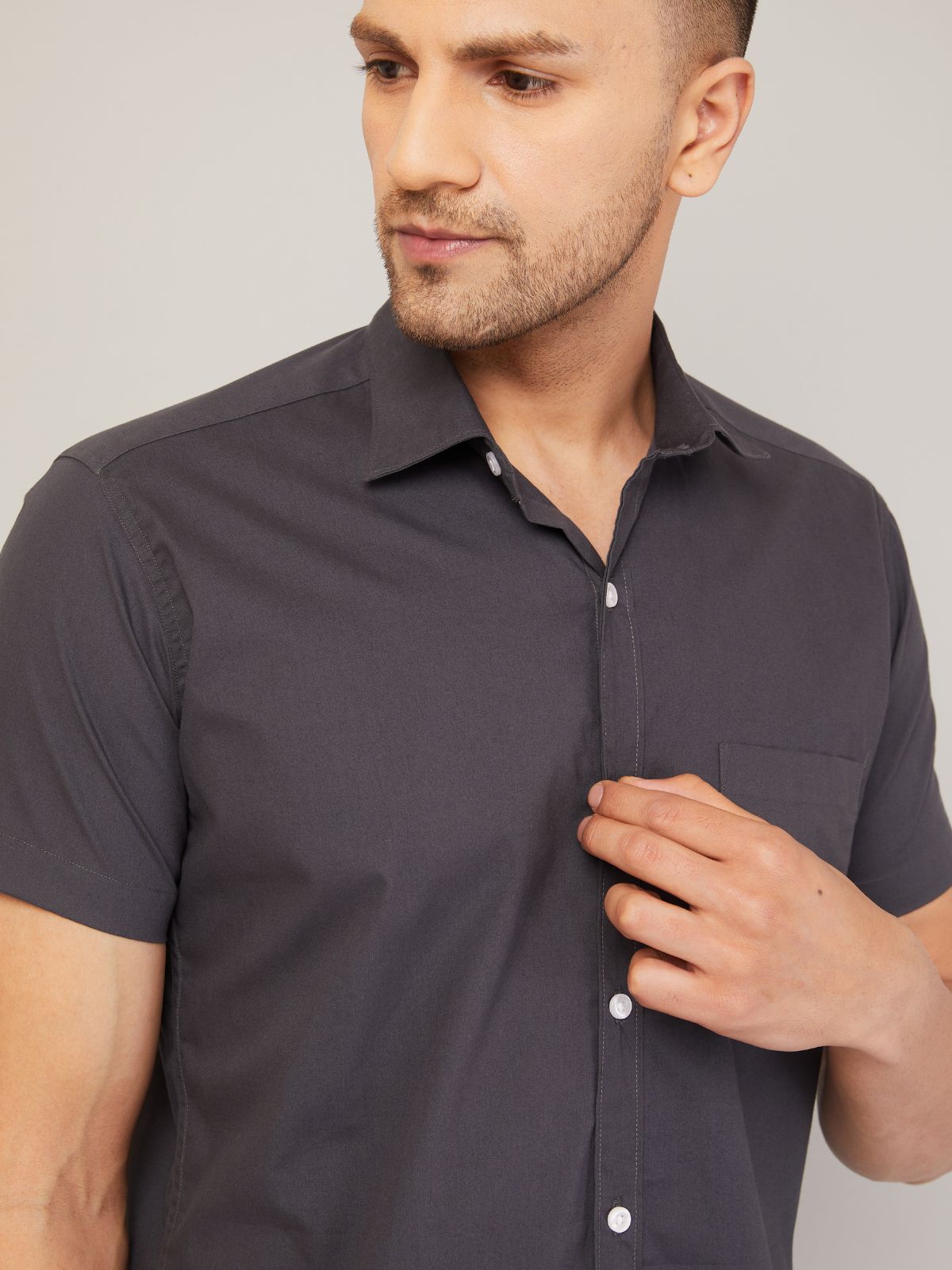 Louis Monarch Men Regular Fit Solid Grey Spread Collar Casual Half Shirt