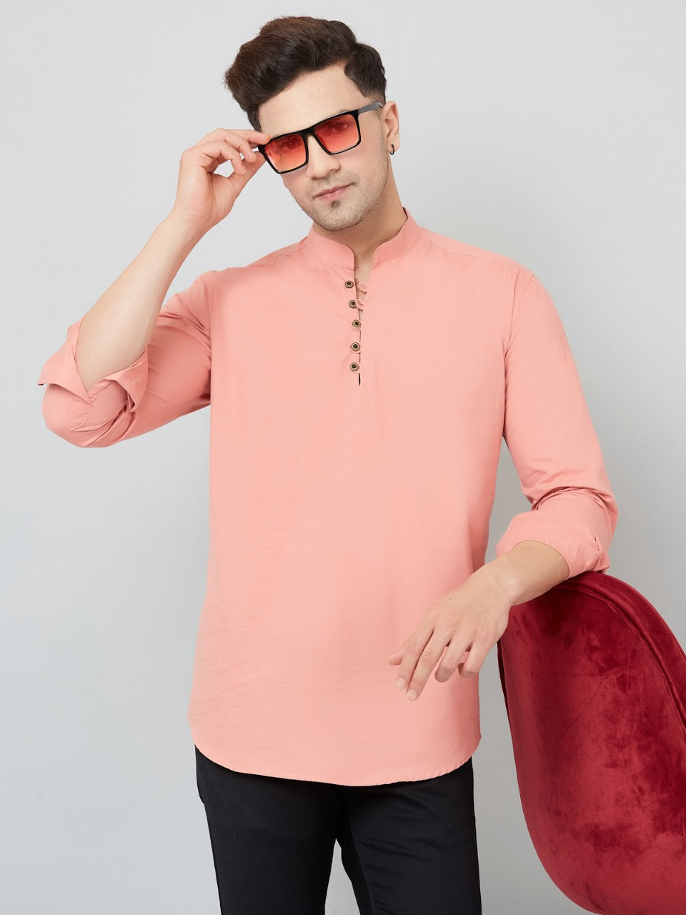 Louis Monarch Men Solid Peach Pure Cotton Straight Short Kurta