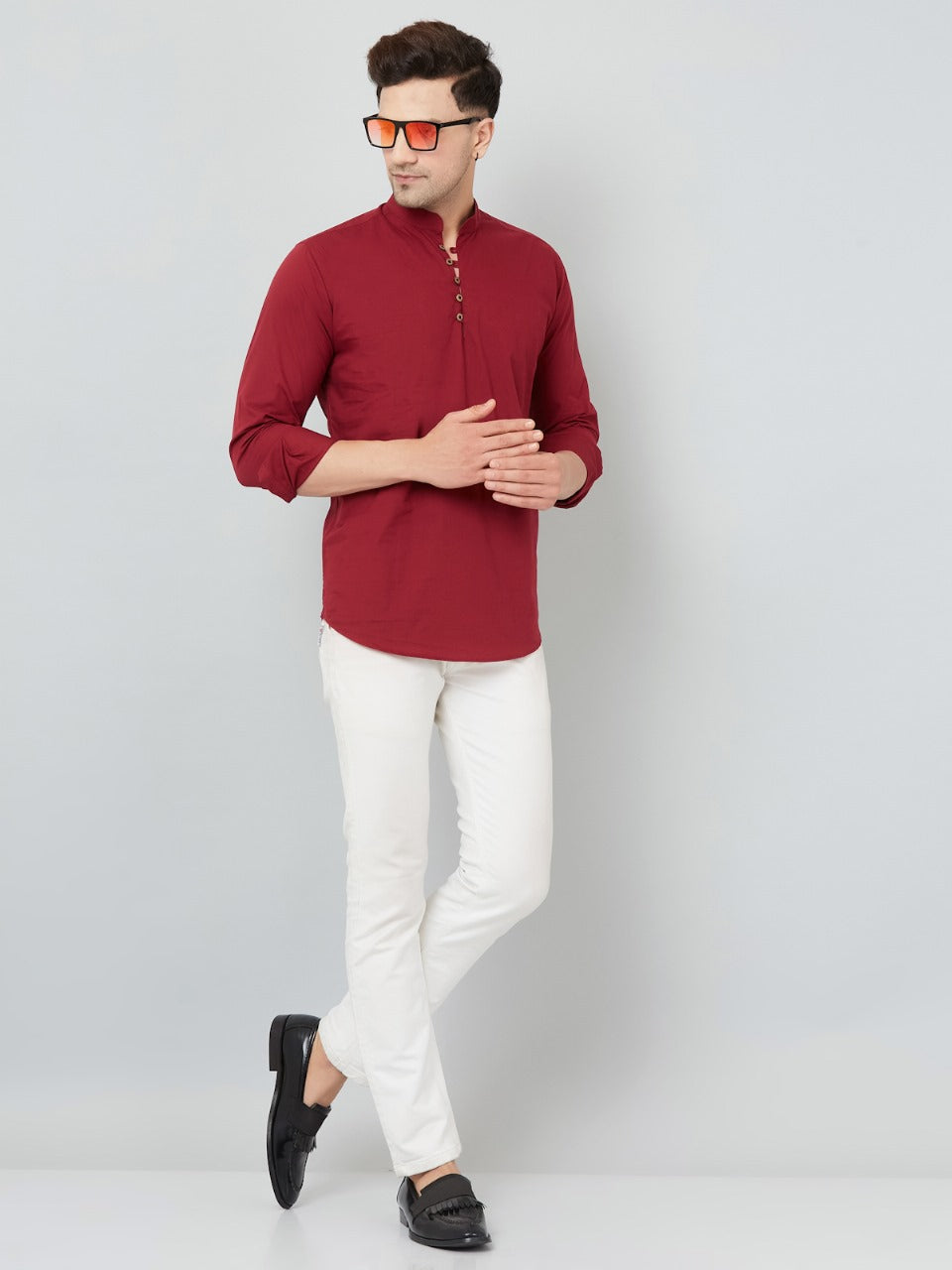 Louis Monarch Men Solid Maroon Pure Cotton Straight Short Kurta