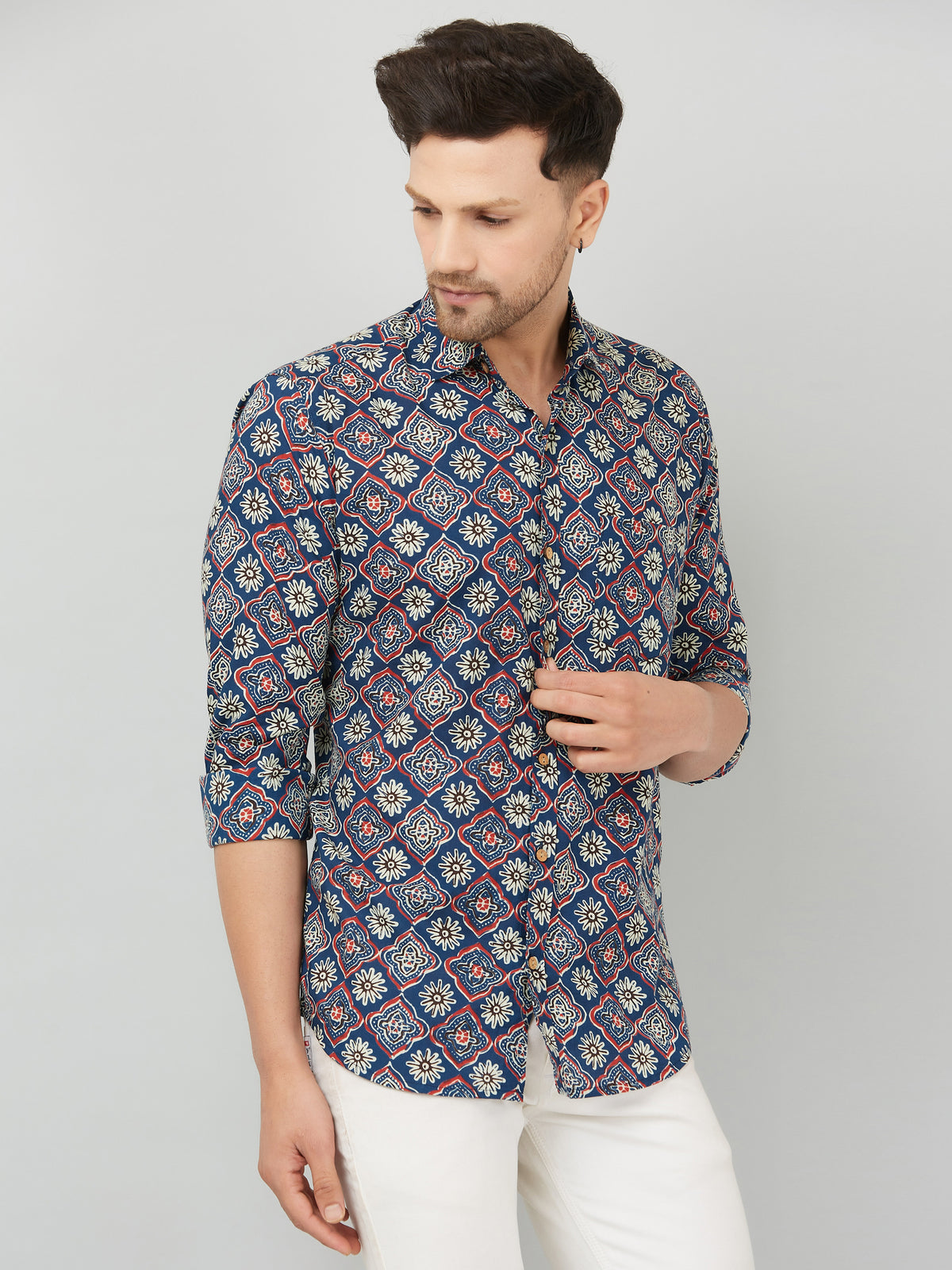 Louis Monarch Premium Navy Blue Jaipuri Printed Cotton Casual Shirt