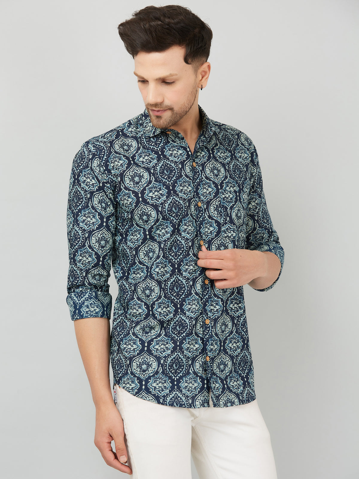 Louis Monarch Premium Navy Blue Jaipuri Printed Cotton Casual Shirt
