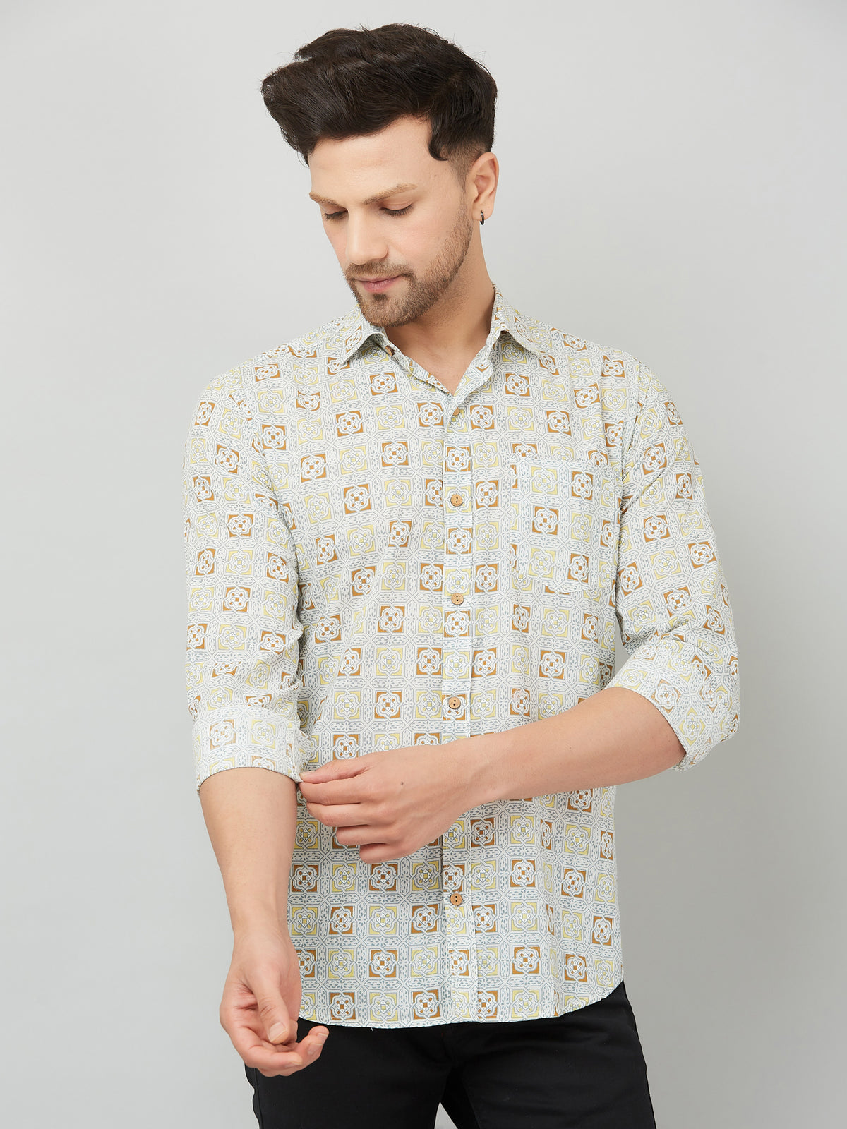 Louis Monarch Premium Cream Jaipuri Printed Cotton Casual Shirt