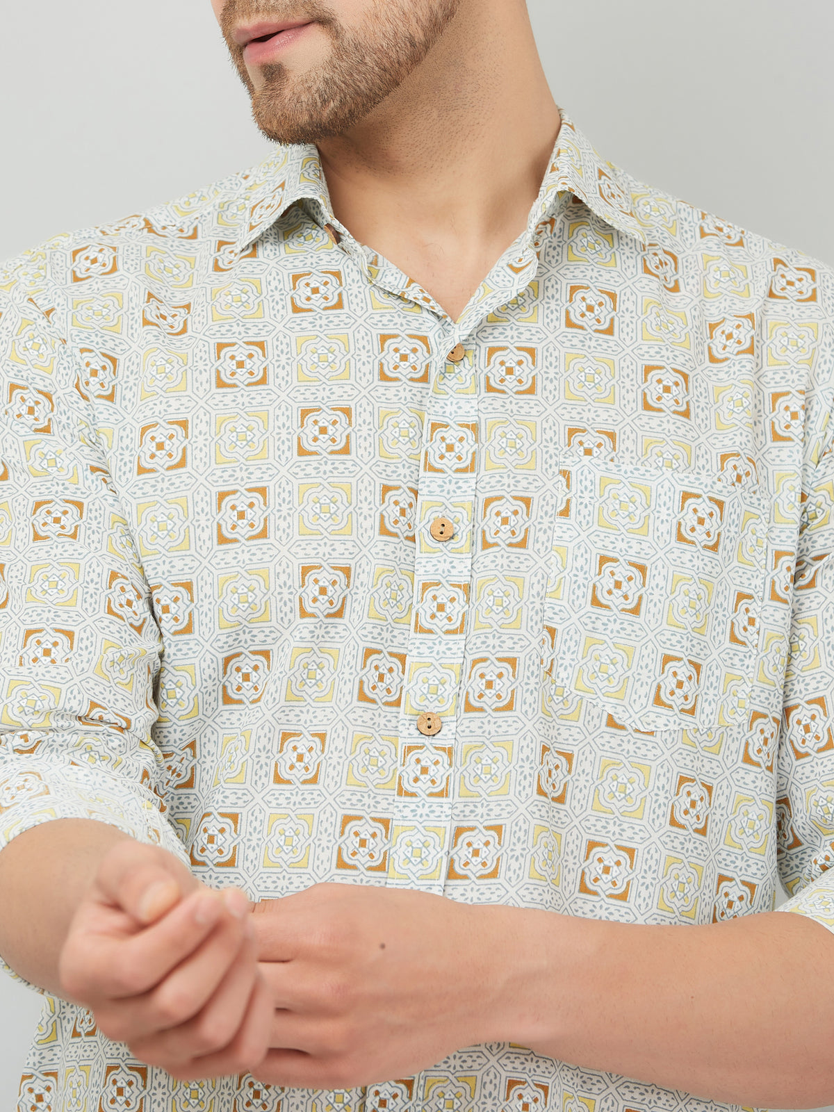 Louis Monarch Premium Cream Jaipuri Printed Cotton Casual Shirt