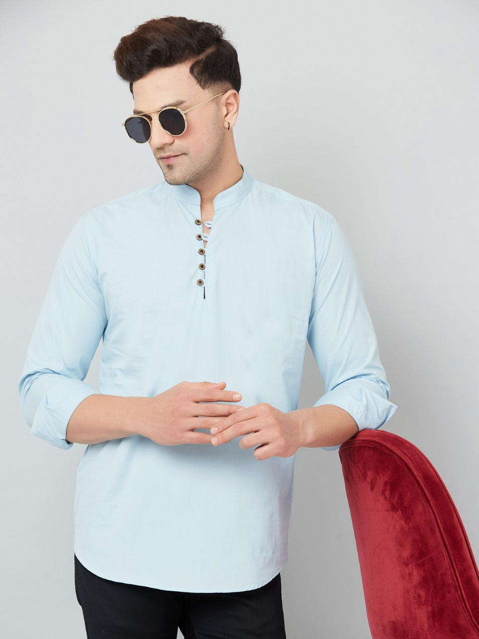 Louis Monarch Men Solid Sky Blue Pure Cotton Straight Short Kurta