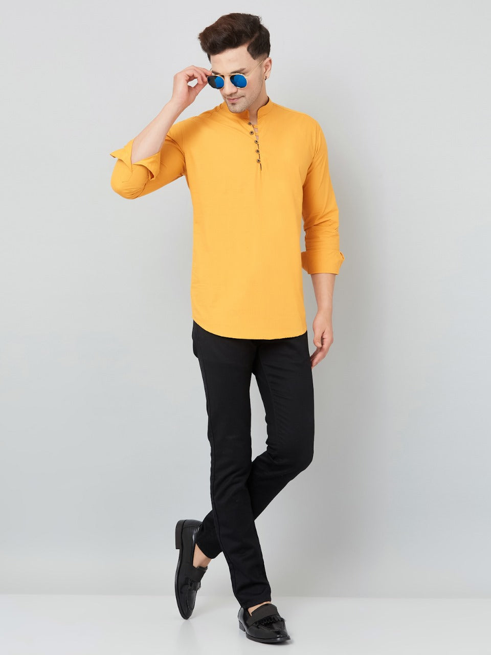 Louis Monarch Men Solid Yellow Pure Cotton Straight Short Kurta
