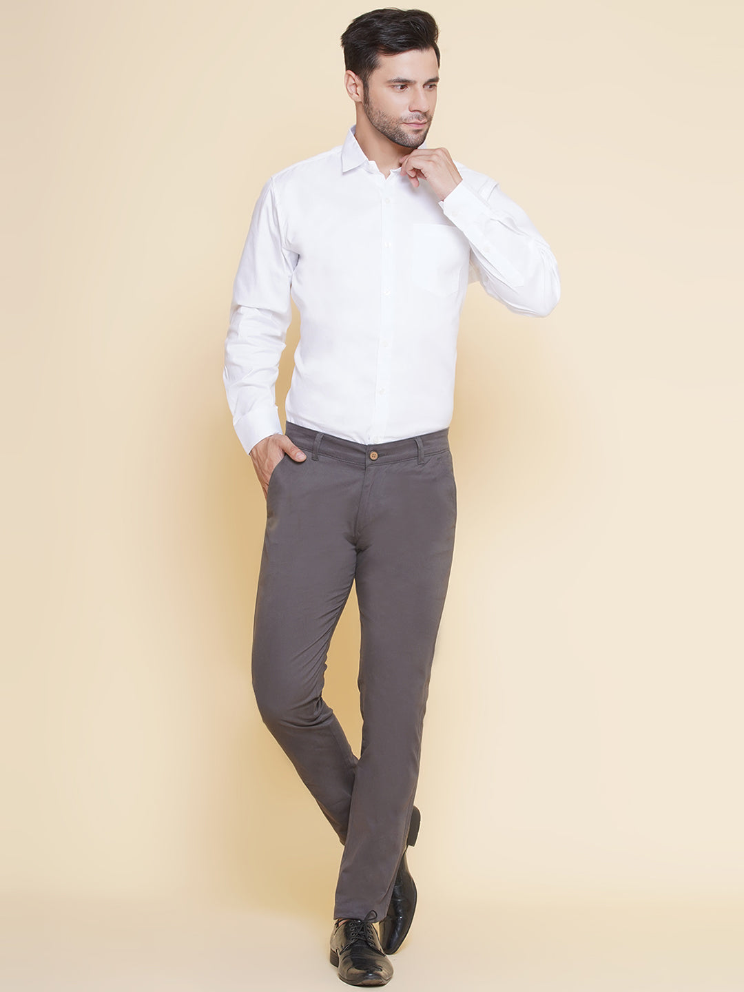 Louis Monarch Men Regular Fit Charcoal Pure Cotton Trousers