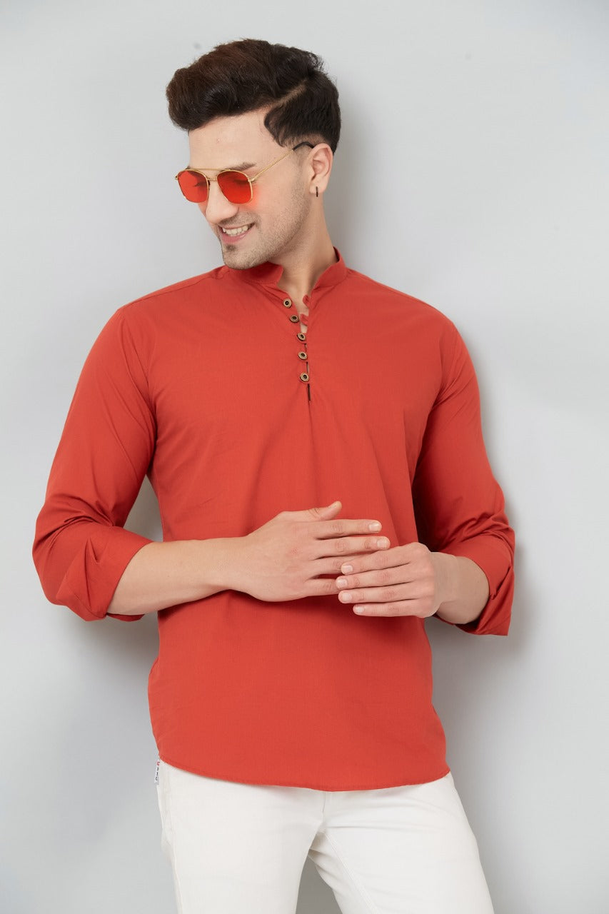Louis Monarch Men Solid Orange Pure Cotton Straight Short Kurta
