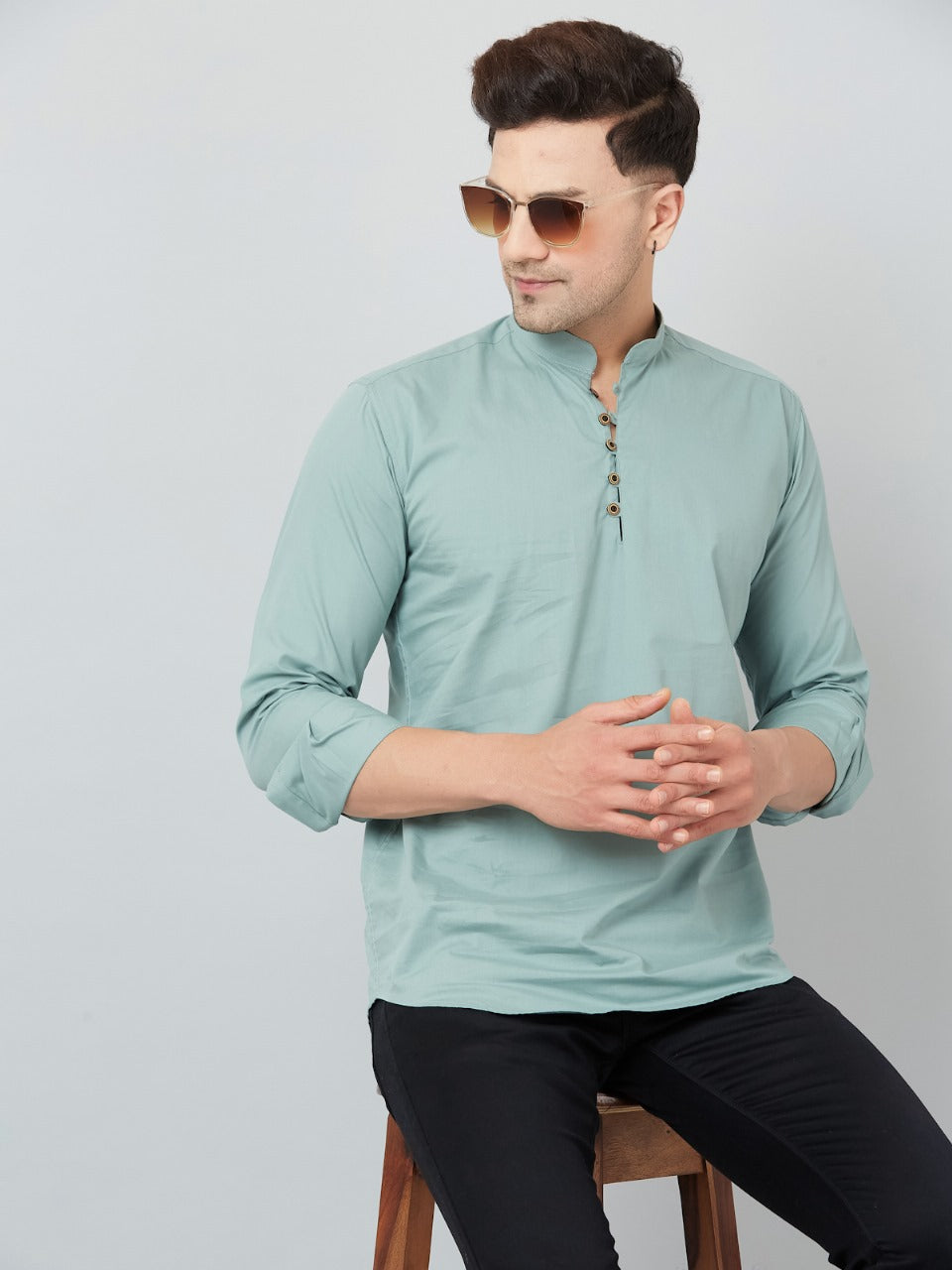 Louis Monarch Men Solid Pista Pure Cotton Straight Short Kurta