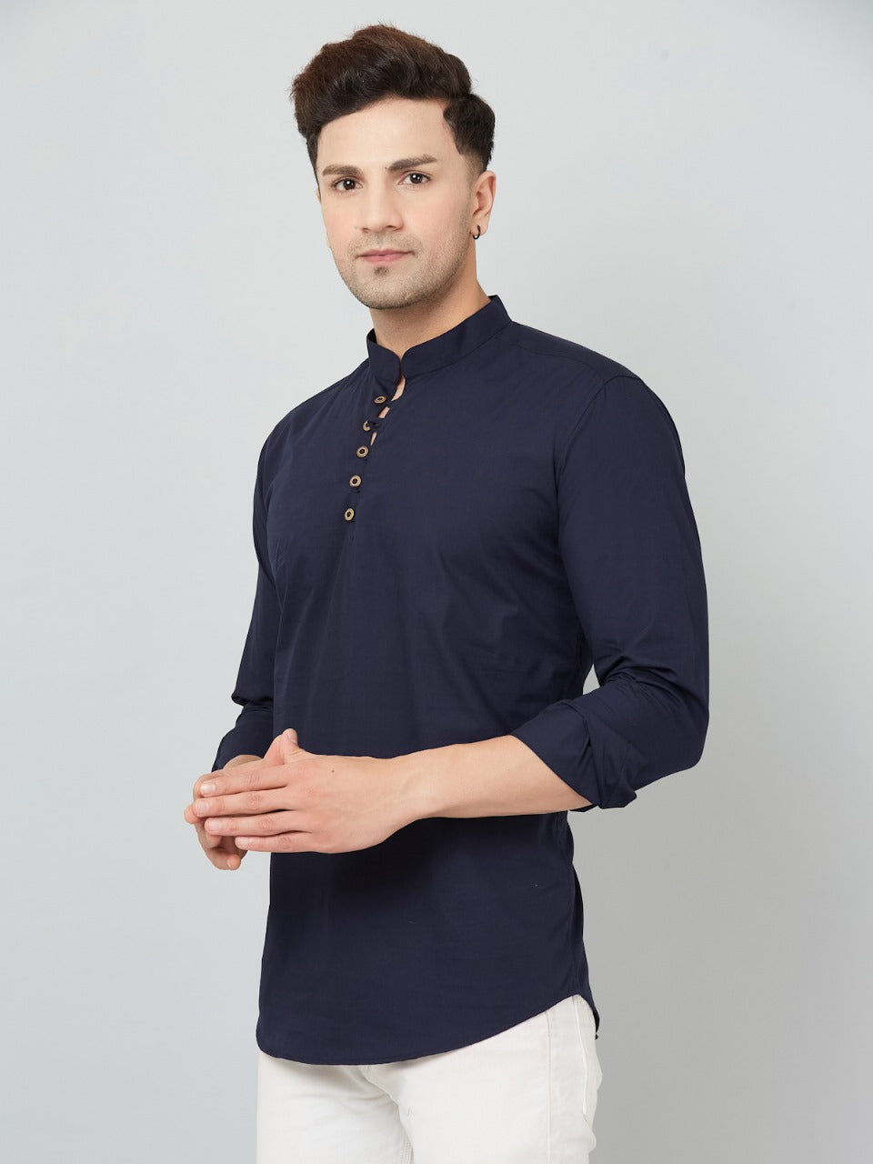 Louis Monarch Men Solid Navy Blue Pure Cotton Straight Short Kurta