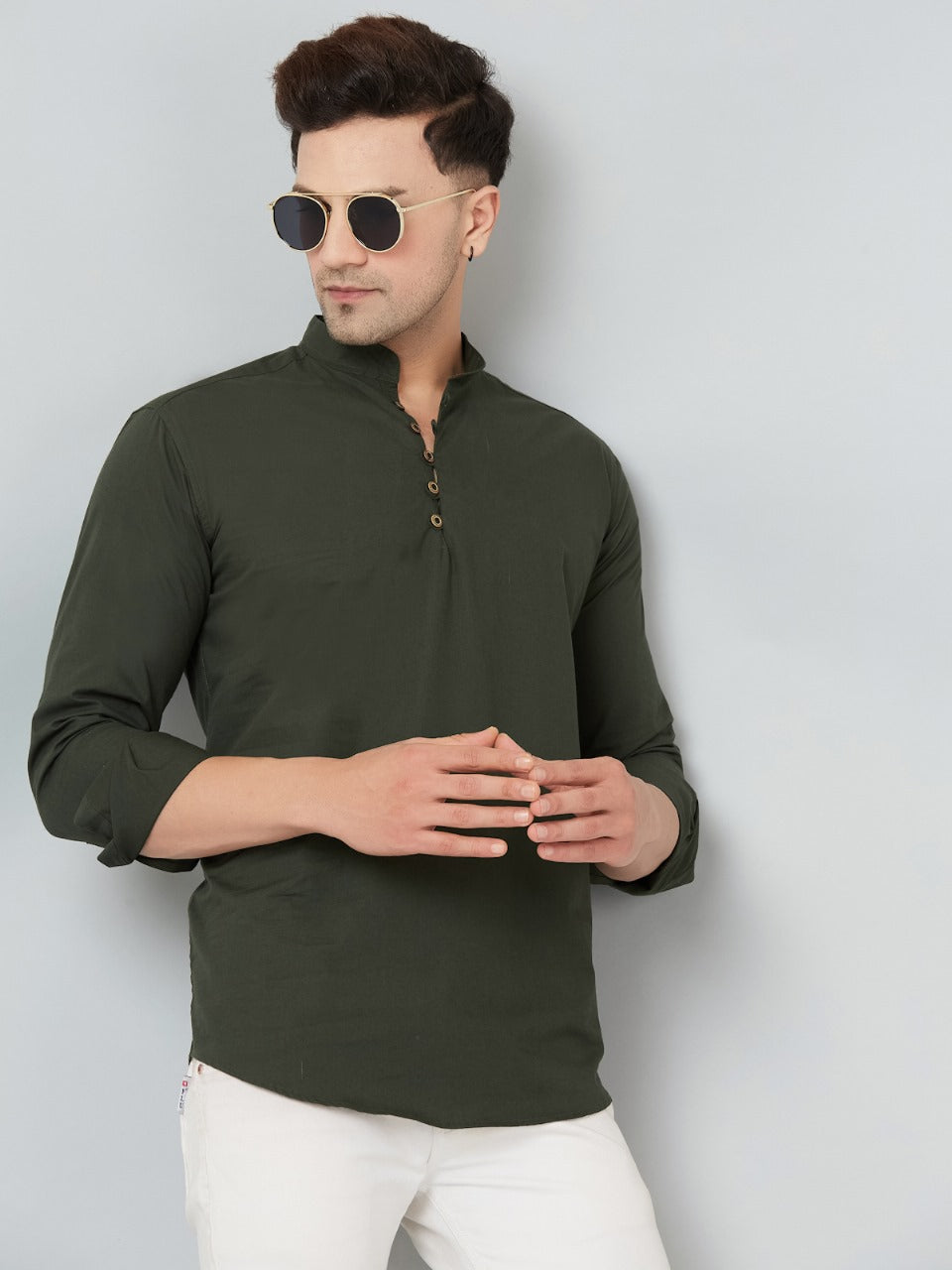 Louis Monarch Men Solid Green Pure Cotton Straight Short Kurta