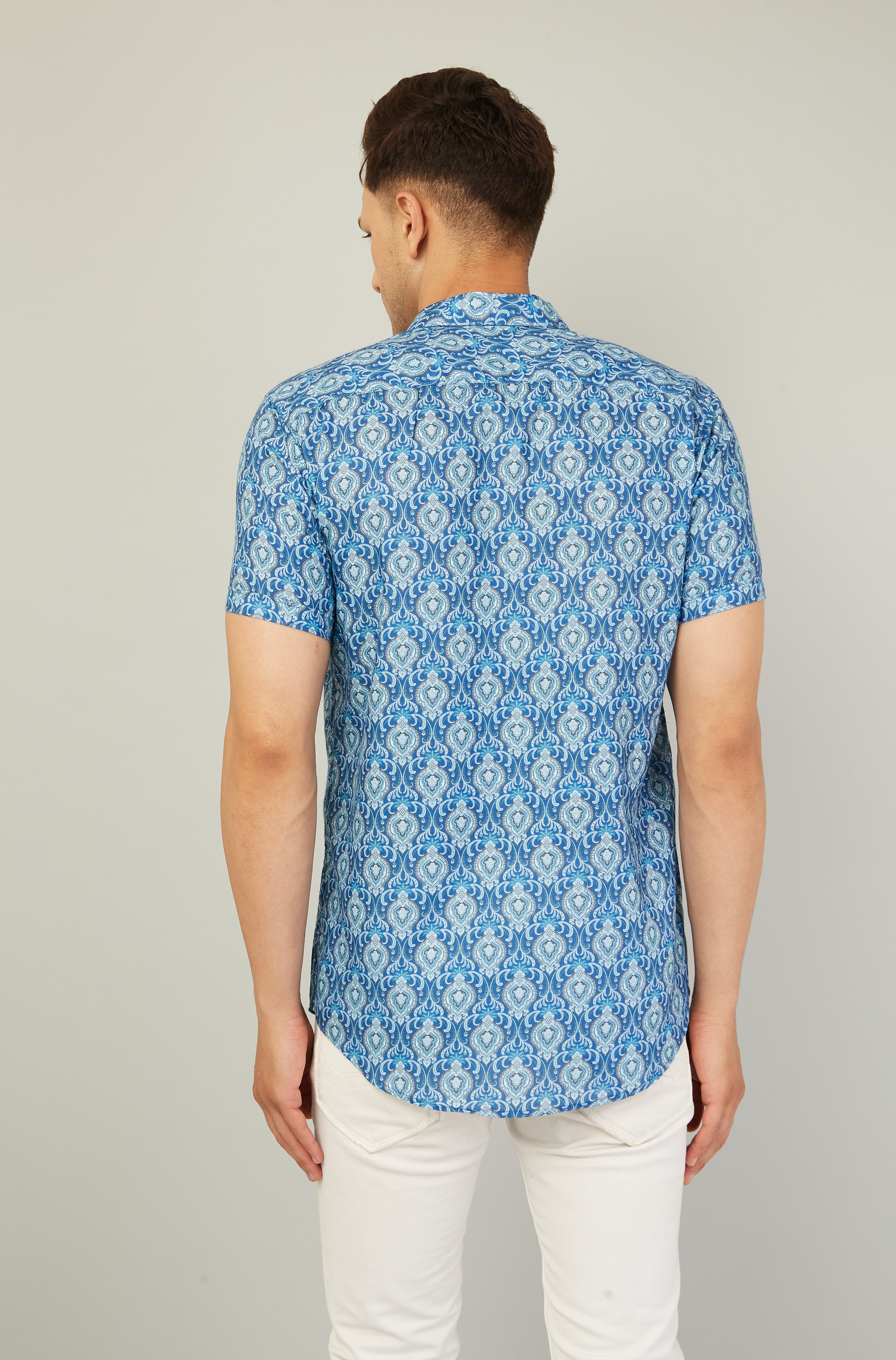 Monarch Men Regular Fit Blue Printed Spread Collar Casual Half Shirt