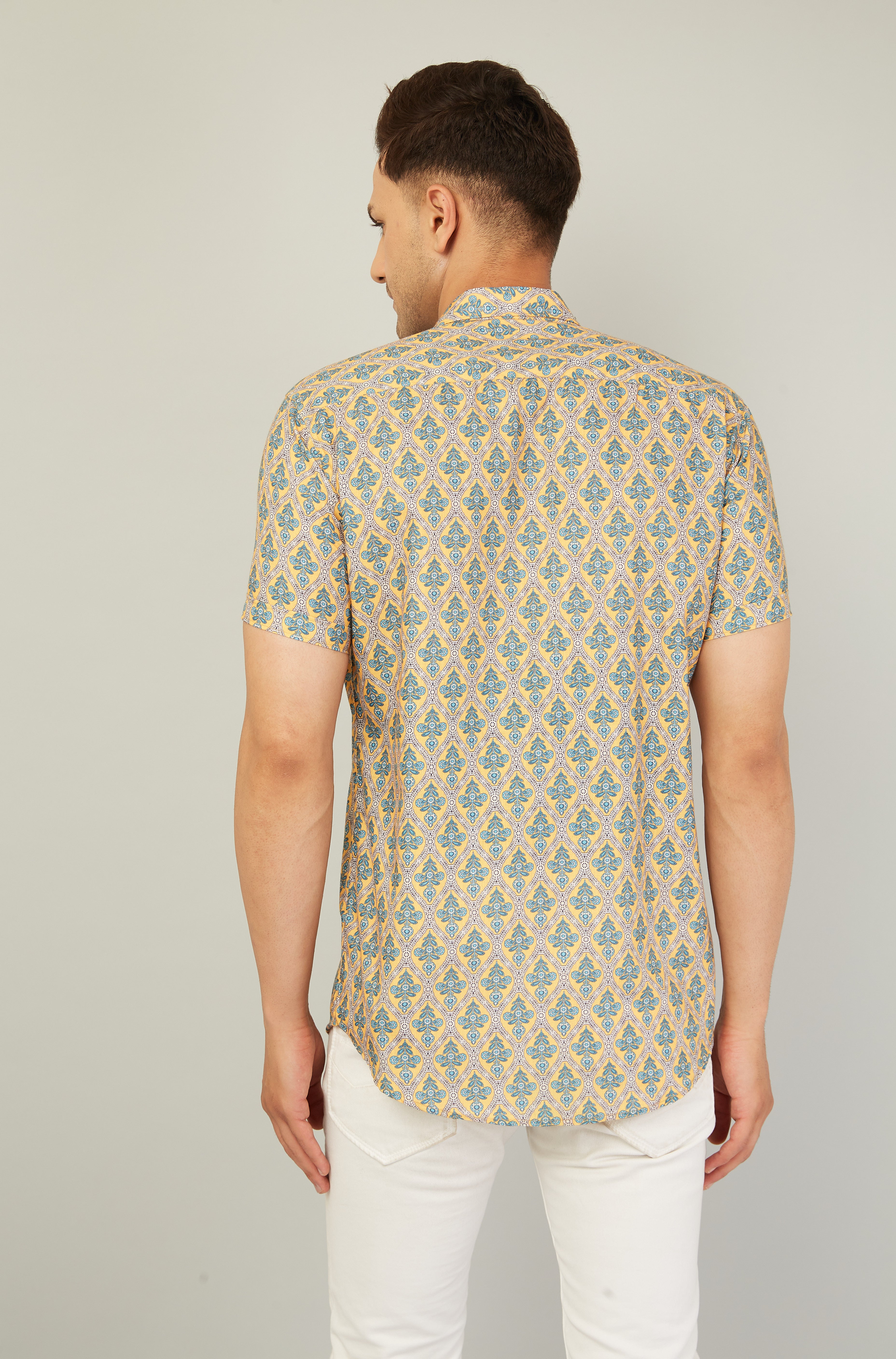 Monarch Men Regular Fit Yellow Printed Spread Collar Casual Half Shirt