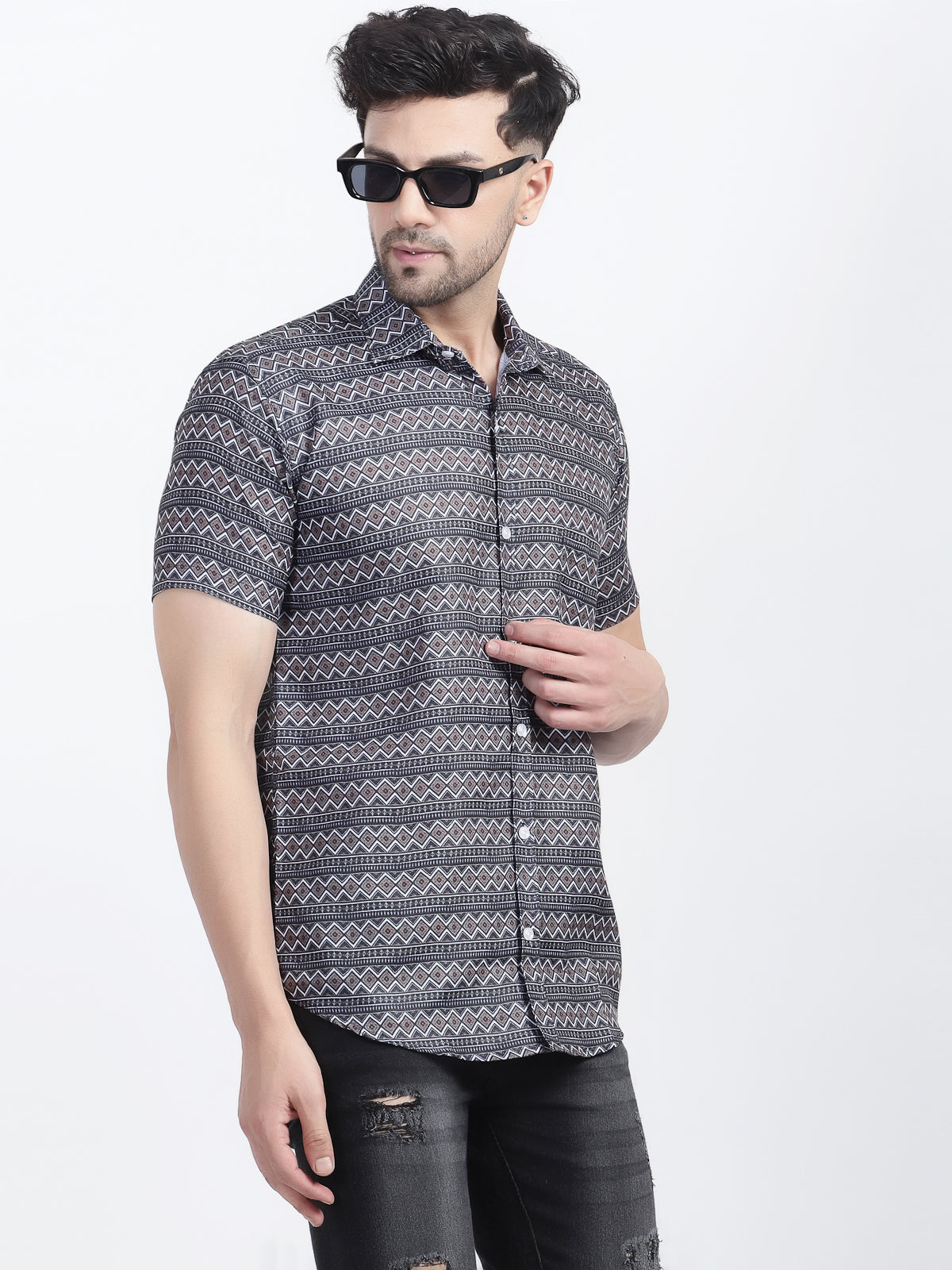 Louis Monarch Men Regular Fit Brown Printed Spread Collar Casual Half Shirt