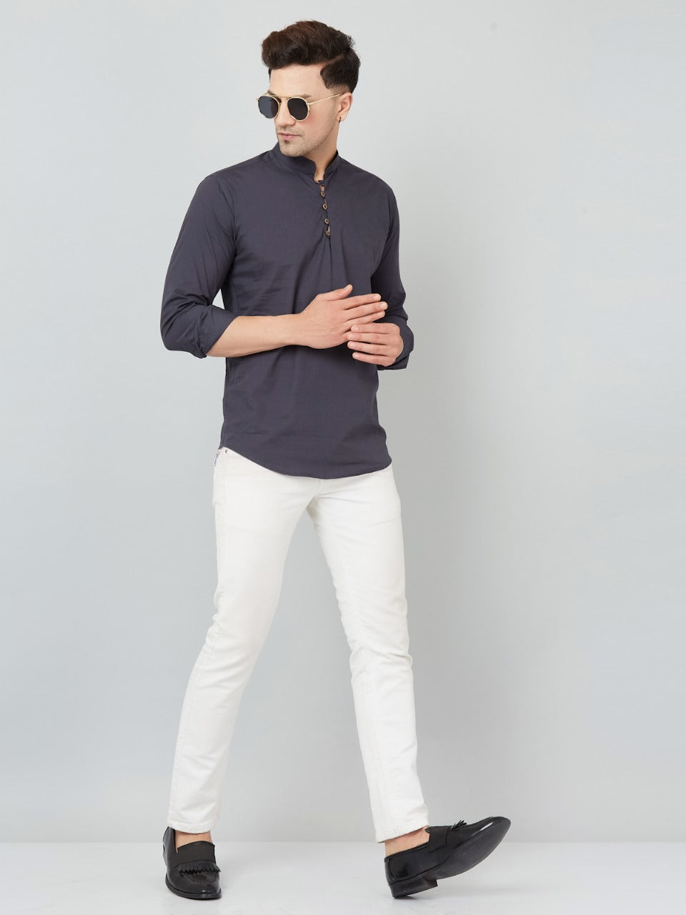 Louis Monarch Men Solid Grey Pure Cotton Straight Short Kurta