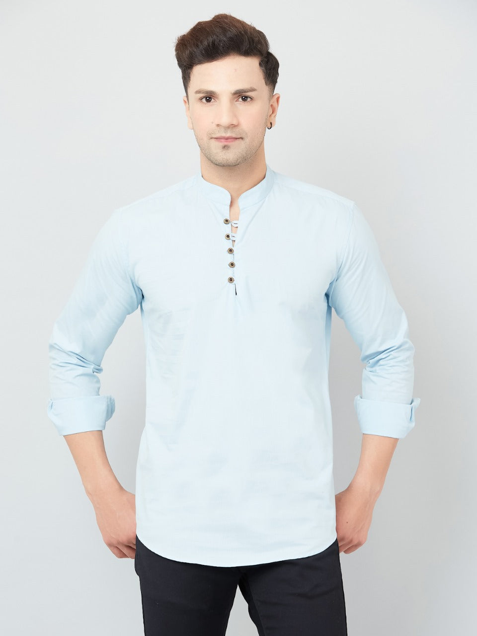 Louis Monarch Men Solid Sky Blue Pure Cotton Straight Short Kurta