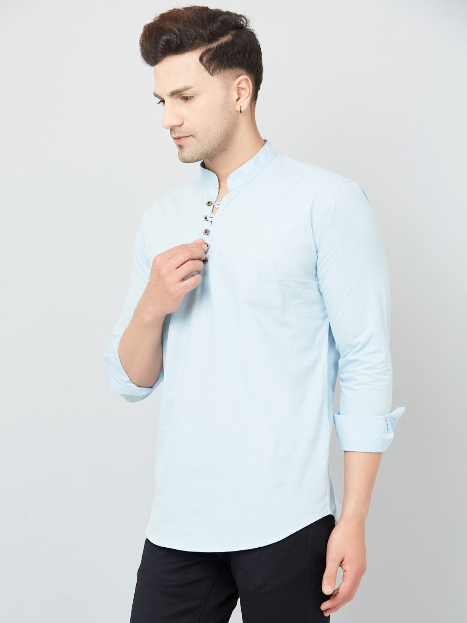 Louis Monarch Men Solid Sky Blue Pure Cotton Straight Short Kurta