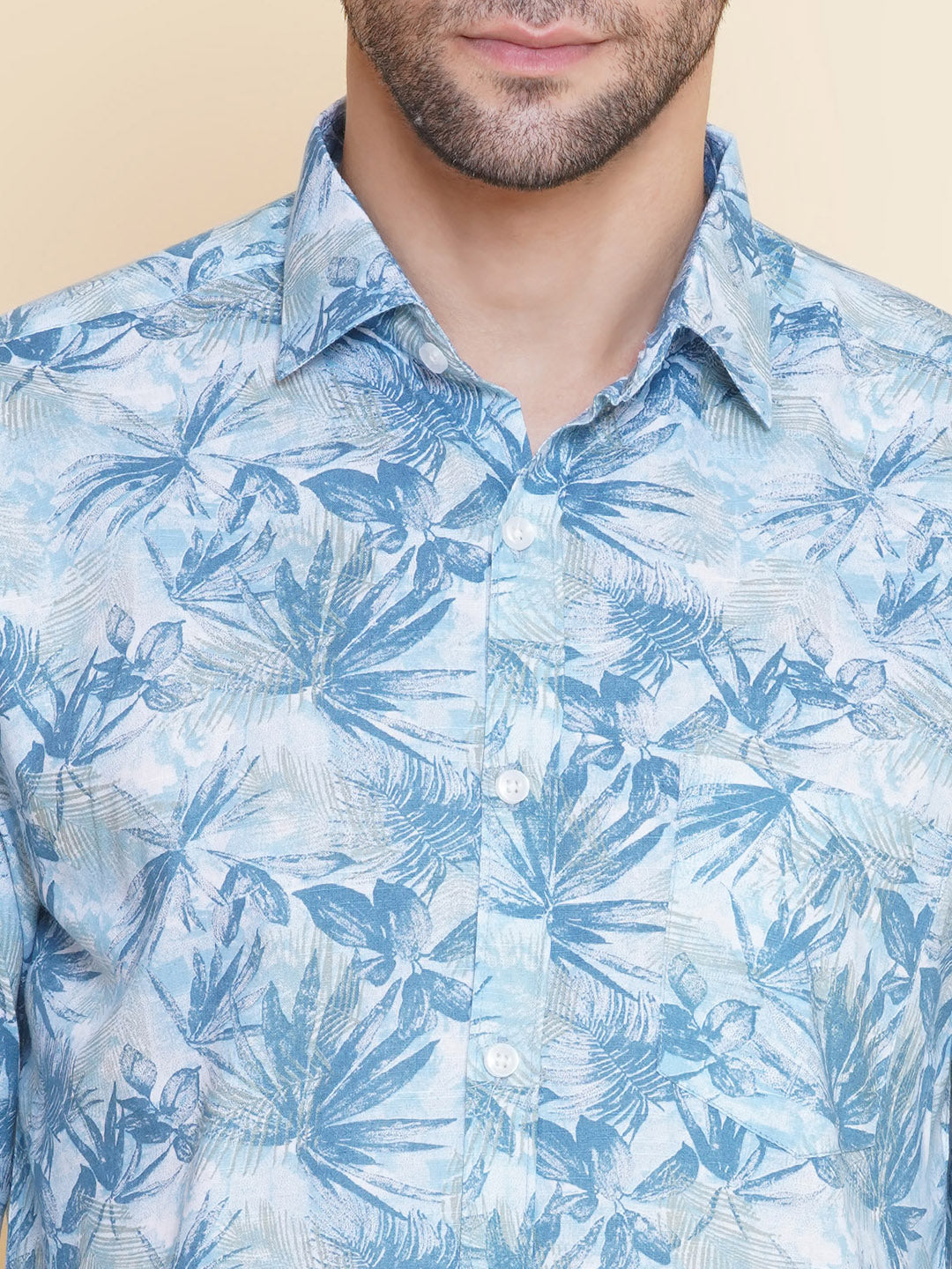 Louis Monarch Men Regular Fit Linen Printed Blue Spread Collar Casual Shirt