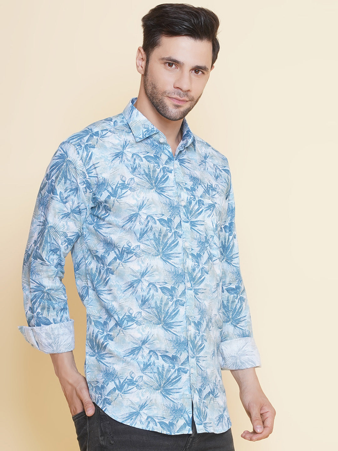 Louis Monarch Men Regular Fit Linen Printed Blue Spread Collar Casual Shirt