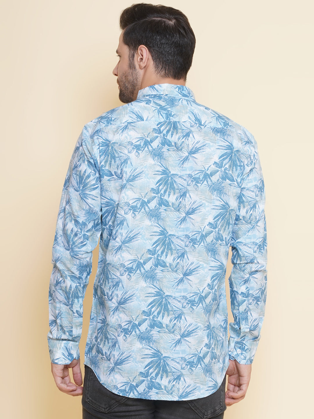 Louis Monarch Men Regular Fit Linen Printed Blue Spread Collar Casual Shirt